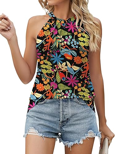 Ivicoer Camiseta sin mangas para mujer, plisada, cuello alto, estilo halter, casual, ajuste holgado, S-XXL