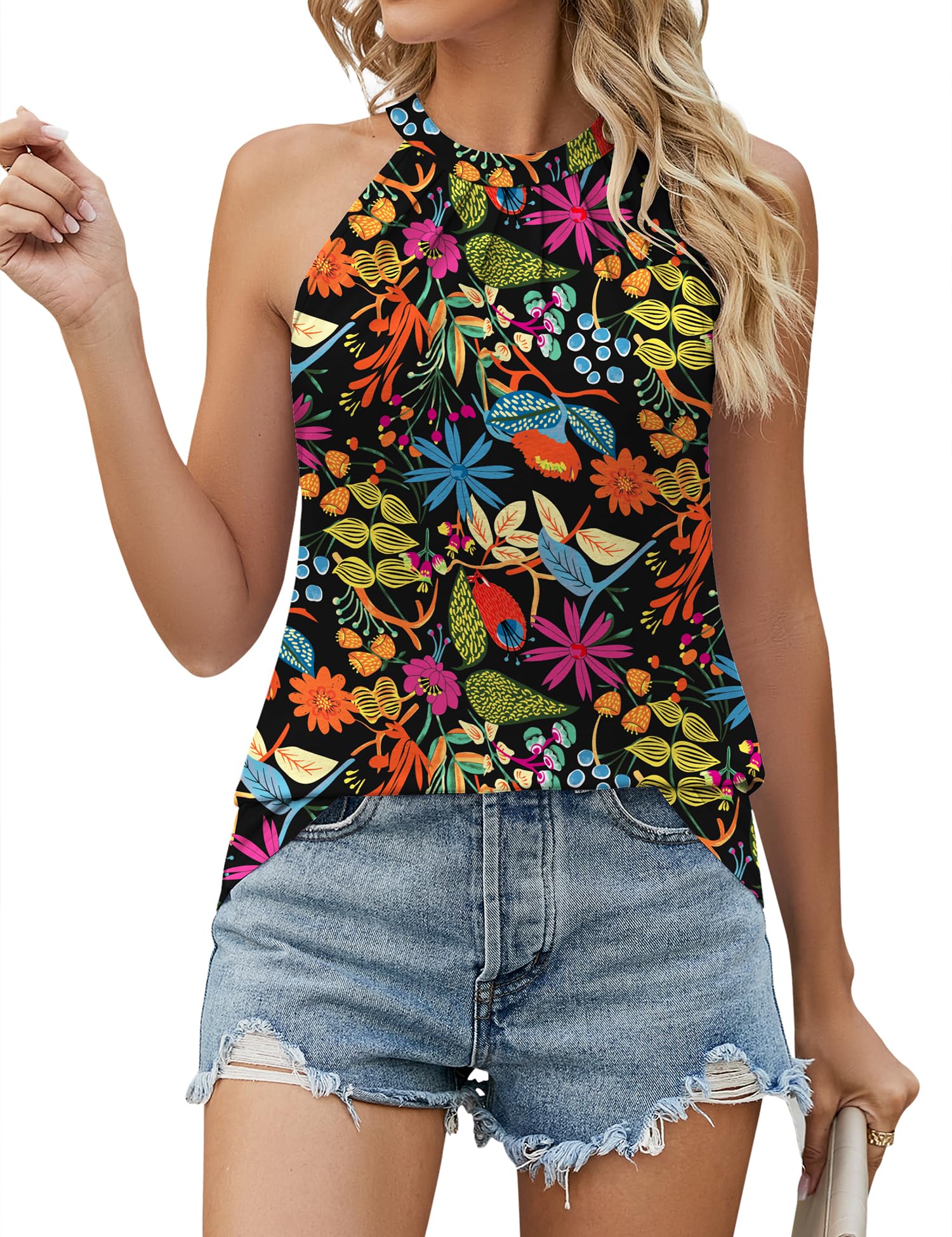 Tank Top for Women Pleated High Neck Halter Tops Casual Sleeveless Shirts Loose Fit S-XXL-image-48