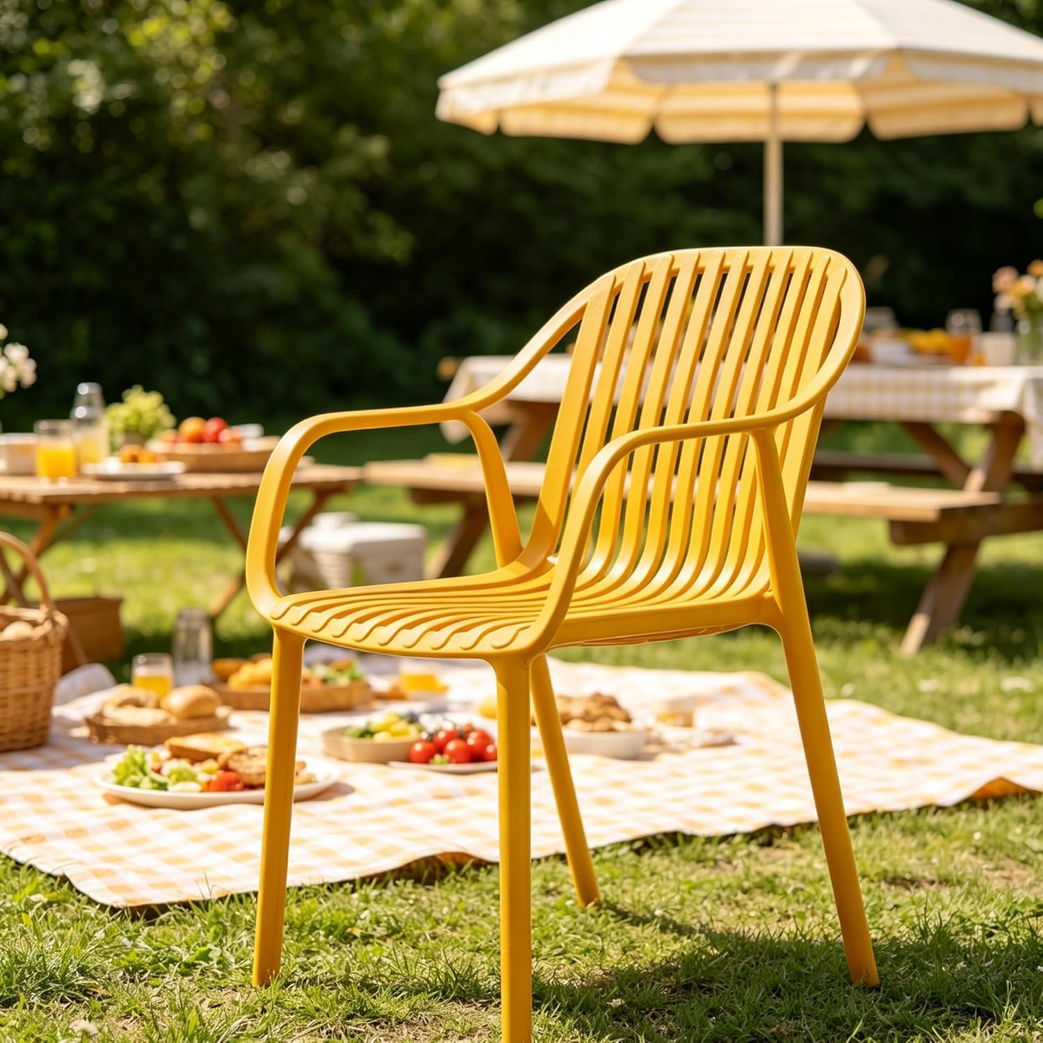 Modern Stackable Outdoor & Indoor Plastic Dining Chairs Set, Armchairs Set, Weather-Resistant, Ideal for Patios, Cafes, and Home Use, Set of 4 (Mustard Yellow)