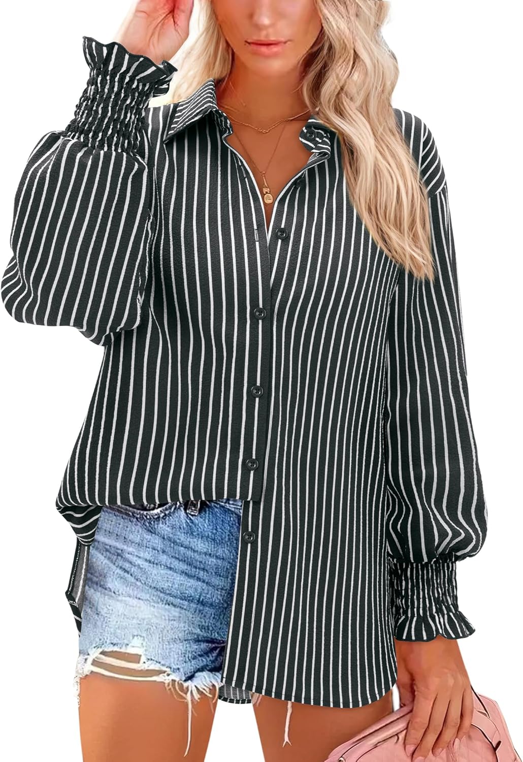 siliteelon Button Down Striped Shirts for Women Smocked Cuffed Long Sleeve Oversized Boyfriend Blouses Collared Work Tops
