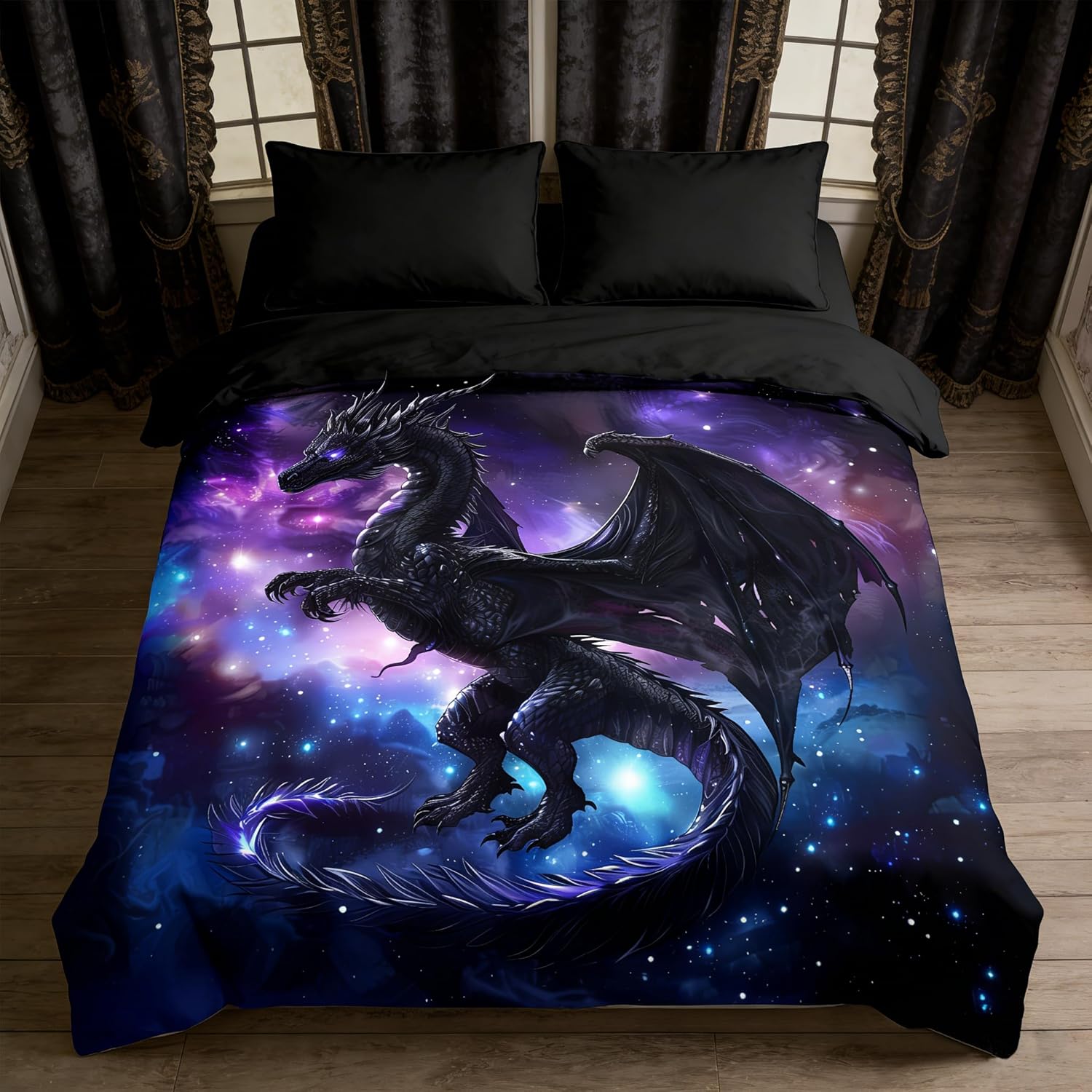 Kids Dragon Bedding Set for Boys, Purple Blue Outer Space Comforter Set Twin Size, Fairy Tale Style Quilted Bed Set for Children Teens Room Decor/68 * 86