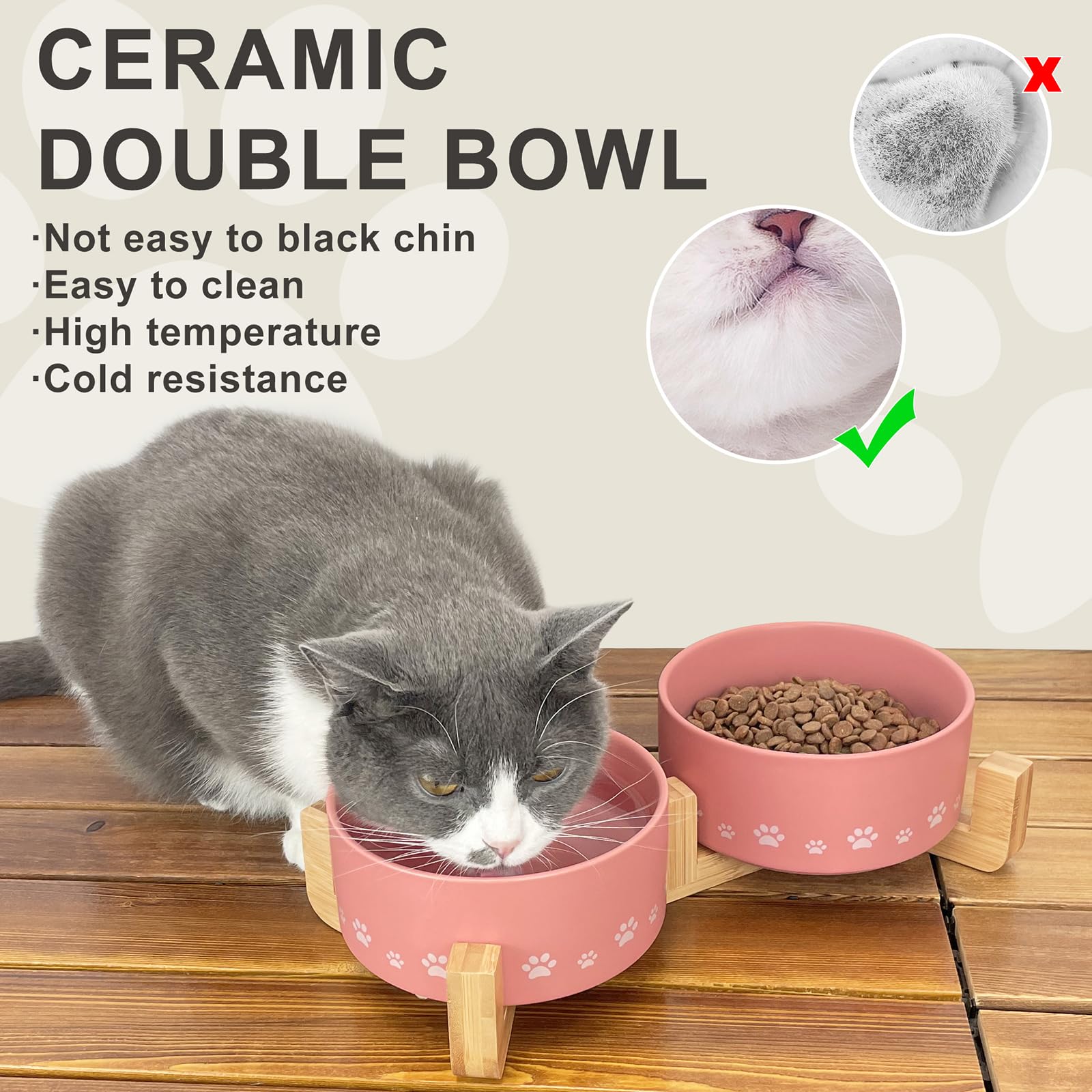 Ptlom Ceramic Pet Bowl for Dogs and Cats, Raised Dog Food and Water Bowl Set with Anti-Slip Wooden Stand, Weighted Pets Dish Feeding Bowls Suitable for Small, Medium, and Large Cat Dog, Pink, 14 Oz