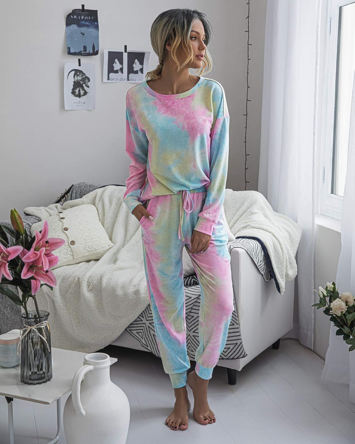TSMNZMU Women's Pajama Sets Tie Dye Casual 2Pcs Sleepwear Long Sleeve Pullover Tops Long Pants Pockets Joggers - Image 2