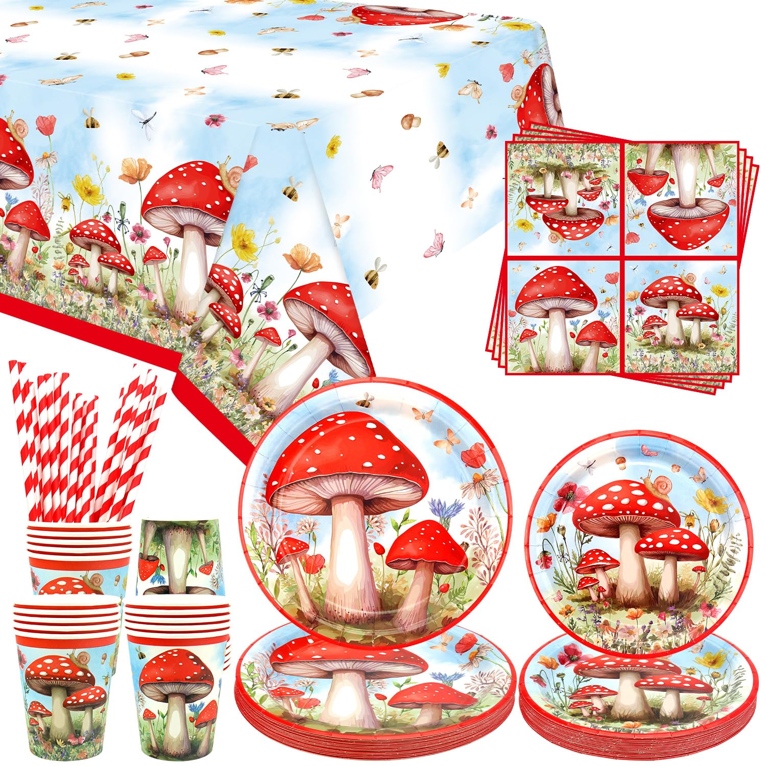 Mushroom Party Supplies - Mushroom Party Tableware - Dinner Plates Desserts Plates Cups Napkins Tablecover Straws for Birthday Decorations Baby Shower Supplies, Serves 20