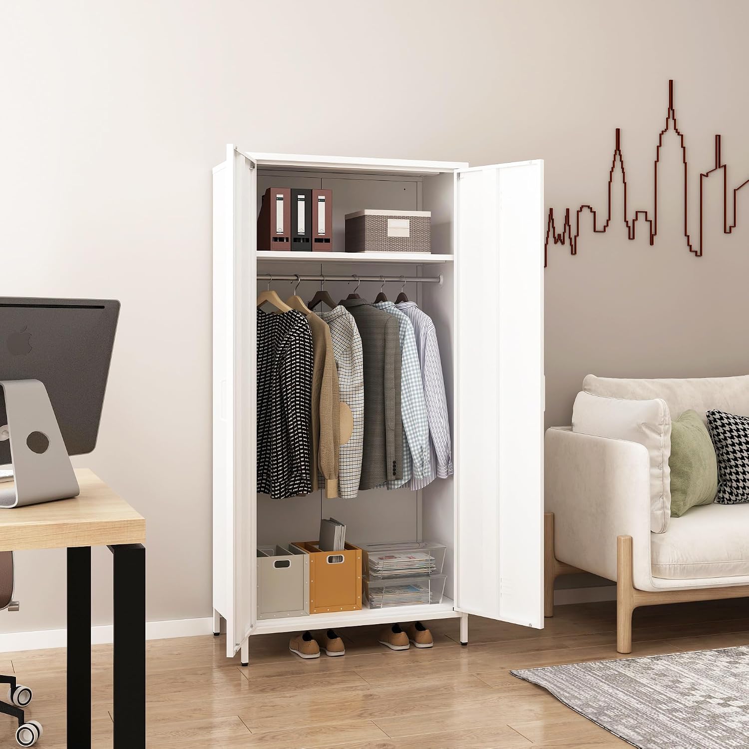Steehoom Metal Armoire, Wardrobe Closet Cabinet with Hanging Rod and Shelves for Bedroom, Changing Room, Laundry Room, Office (White)