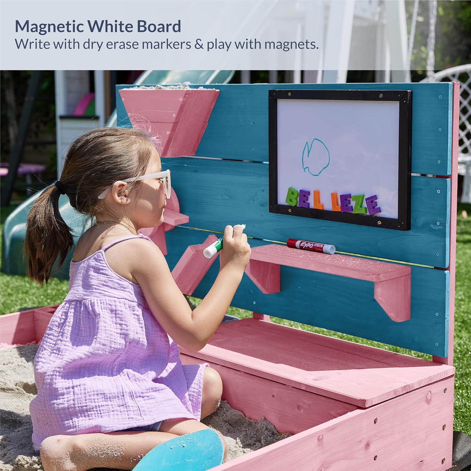 BELLEZE Wooden Sandbox, 49x39in Kids Sand Pit for Backyard, Outdoor Sandbox with Cover and Bottom Liner, Built-in Corner Seating, Bench Storage, Sand Toy Wall and Magnetic White Board (Pink)