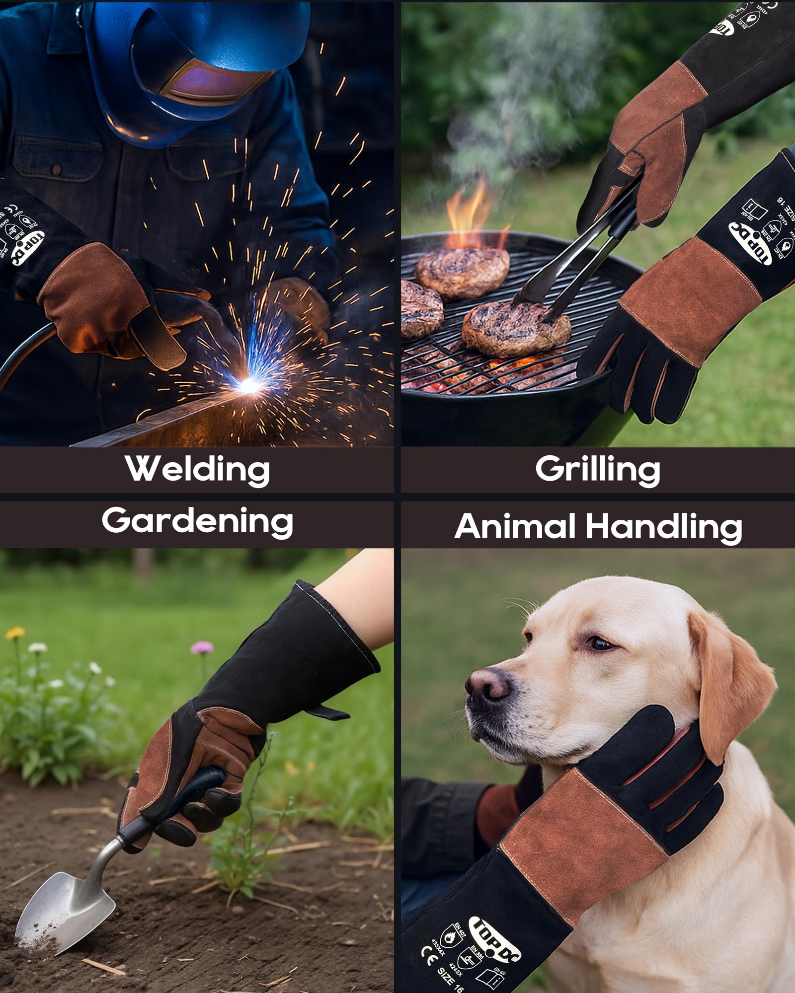 TOPDC Guantes de soldadura de cuero reforzado resistentes al calor y al fuego de 16 pulgadas, resistentes al fuego con costuras de Kevlar para Mig, Tig, Stick, Forge, barbacoa, parrilla, horno