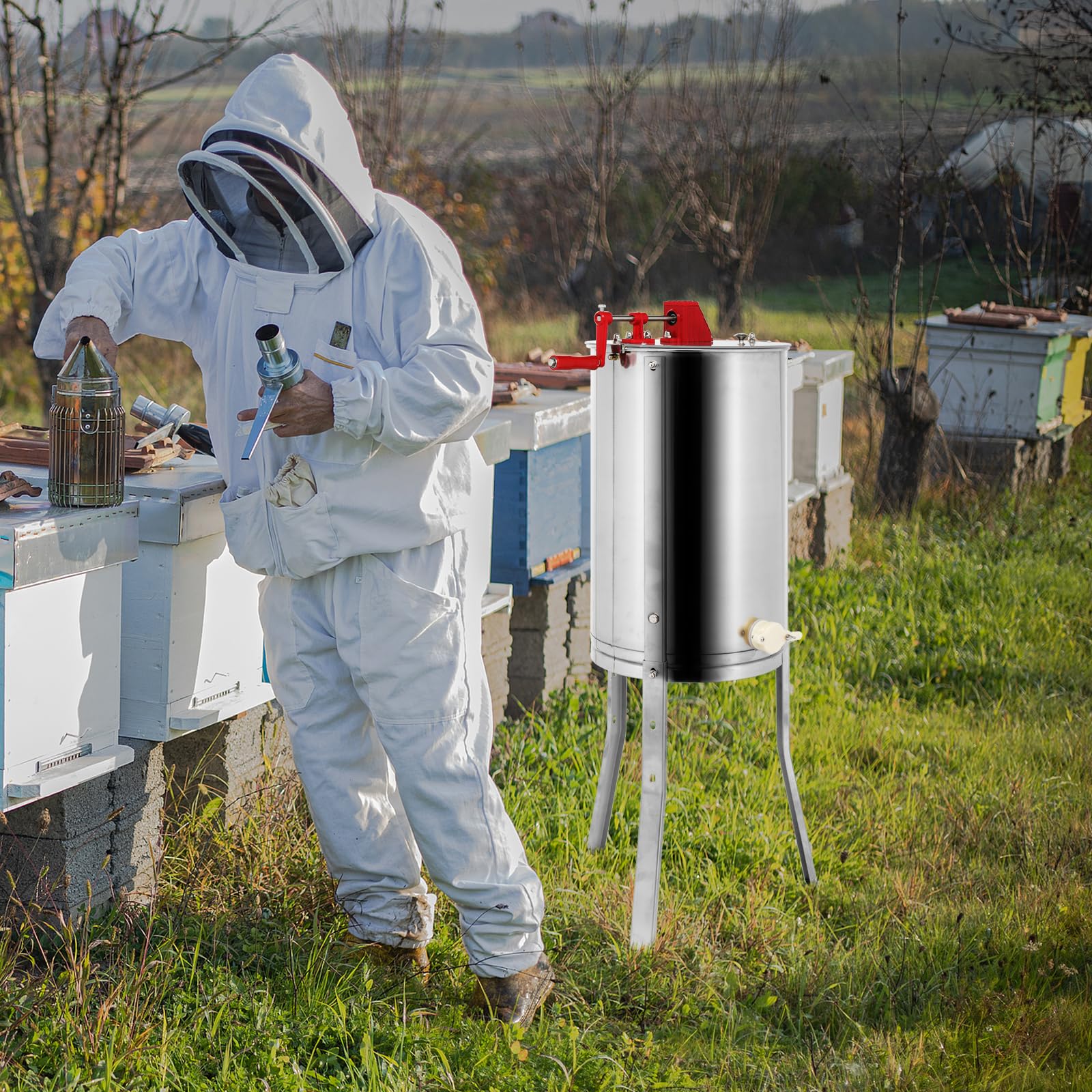 Bonnlo Extracteur de Miel Manuel, Centrifugeuse Séparateur Miel en Acier Inoxydable avec Support, Équipement d'Apiculture pour Extraction de Miel (3 CADRES)
