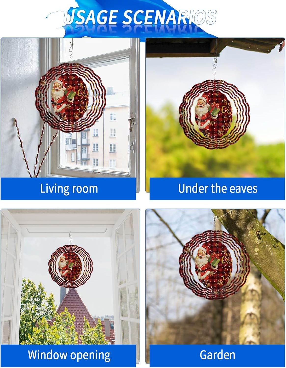 Christmas Santa Claus Wind Spinner 3D Stainless Steel, 12 Inch Double Sided Circle Hanging Wind Spinners, Snowflakes Red Buffalo Plaid Garden Art Wind Sculpture for Yard Porch Front Door