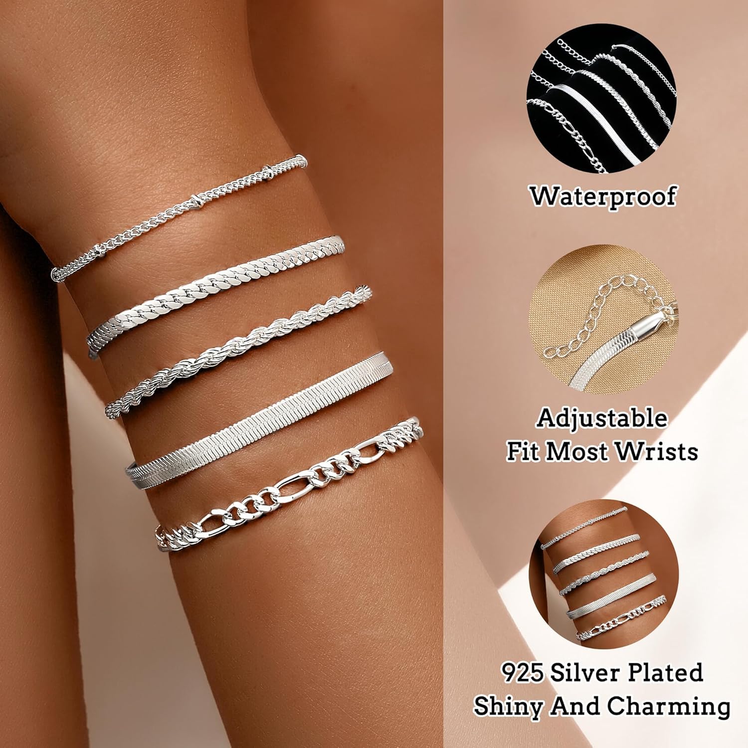 XIANNVXI Gold Plated Bracelets for Women Adjustable 14K Dainty Gold Bracelet Stack for Women Stackable Cuban Link Paperclip Chain Bracelet Set 5PCS Cute Trendy Bracelets for Present - Image 7