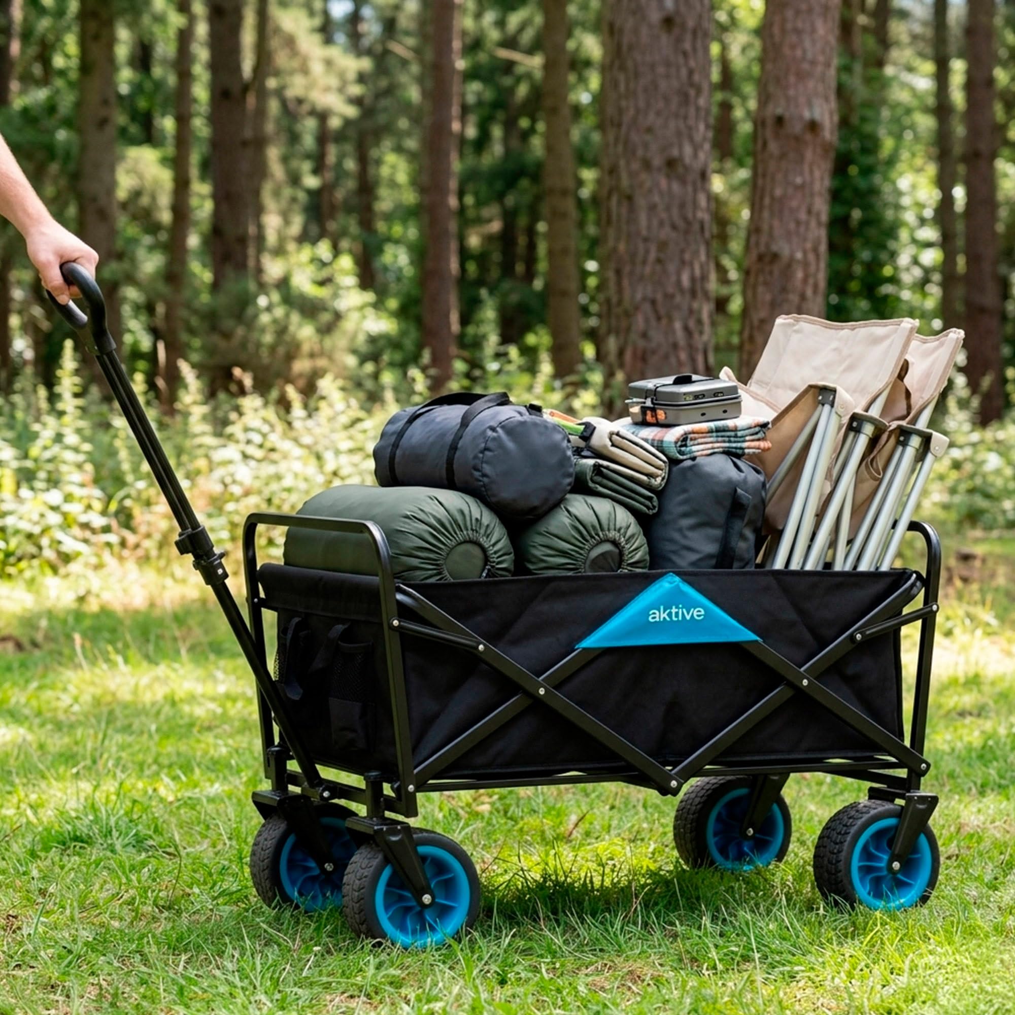 AKTIVE Carro Transporte Plegable, 90x50x97 cm, Carro Playa con 4 Ruedas, Carro portatodo, hasta 80 kg, Estructura en Acero, Gran Capacidad Almacenamiento, Carro Negro (62502)