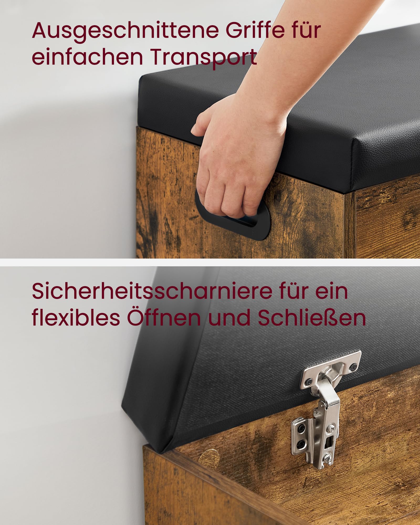 VASAGLE Custos Kollektion - Schuhbank mit Sitzfläche, Sitzbank mit Stauraum, gepolstert, 3 offene Fächer, Sitzkissen, Schuhregal für Flur, bis 150 kg belastbar, vintagebraun LHS30BX