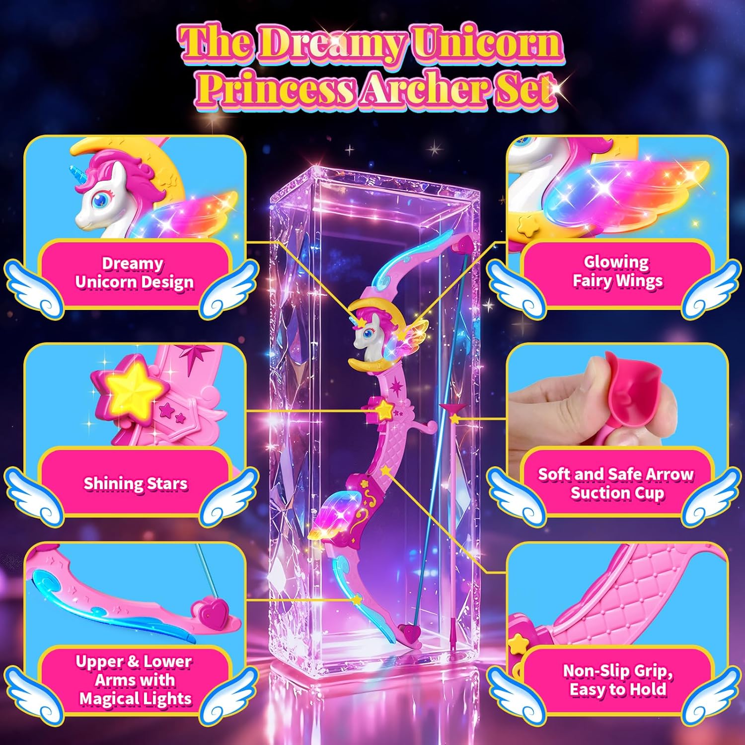 Unicorn Toys for Girls Ages 3-12, 6 Magic Lights BowArrow(Unicorn Horn, Wings, Star, Upper & Lower Arms), Dreamy Quiver & Princess Target, 8 Pink Suction Arrow, Gift for 3 4 5 6 7 8 9 10 Year Old Girl