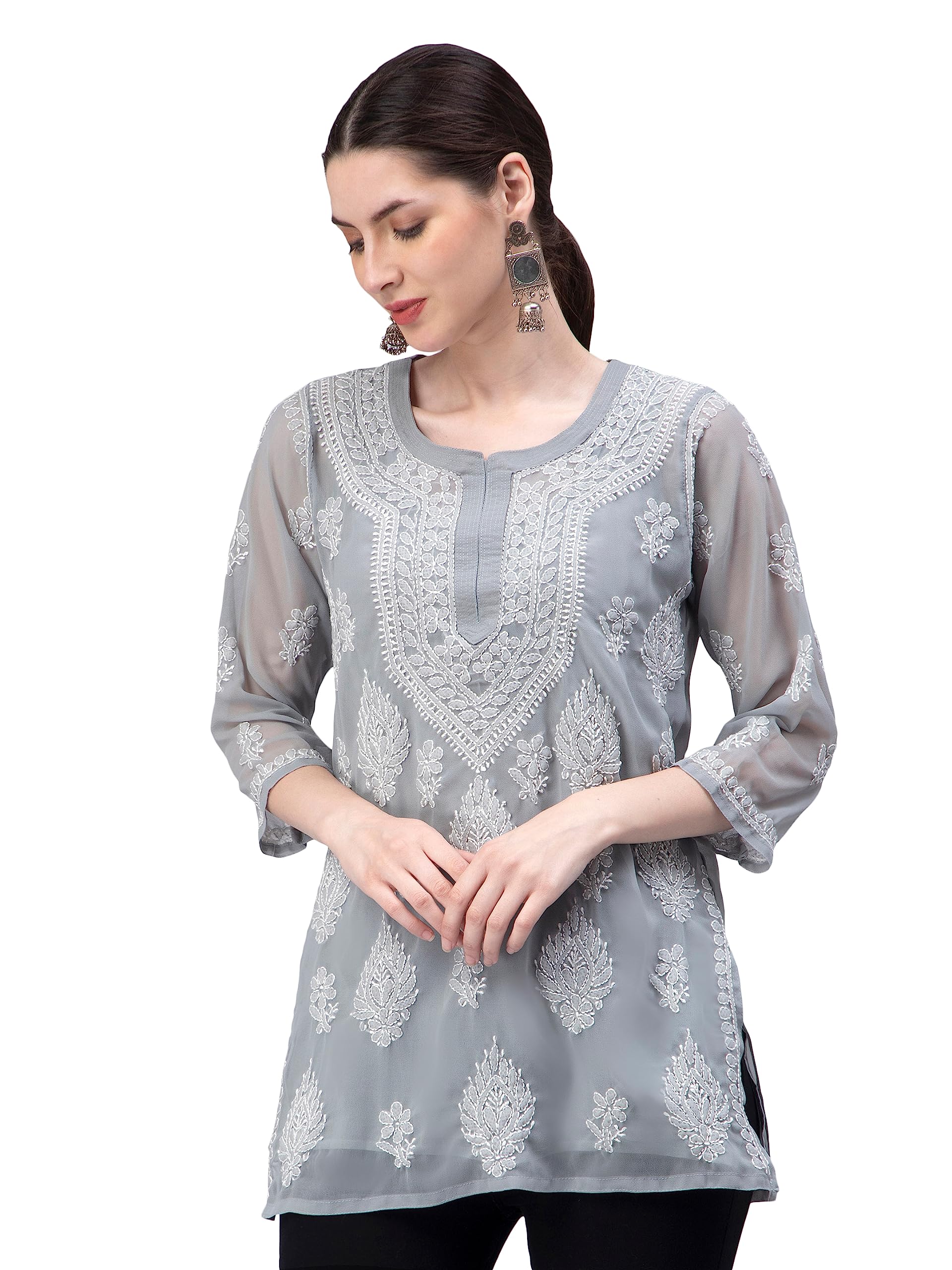 Hand Embroidered Lucknowi Chikankari Georgette Women Short Top & Tunic with Inner Slip SCL9076-image-18