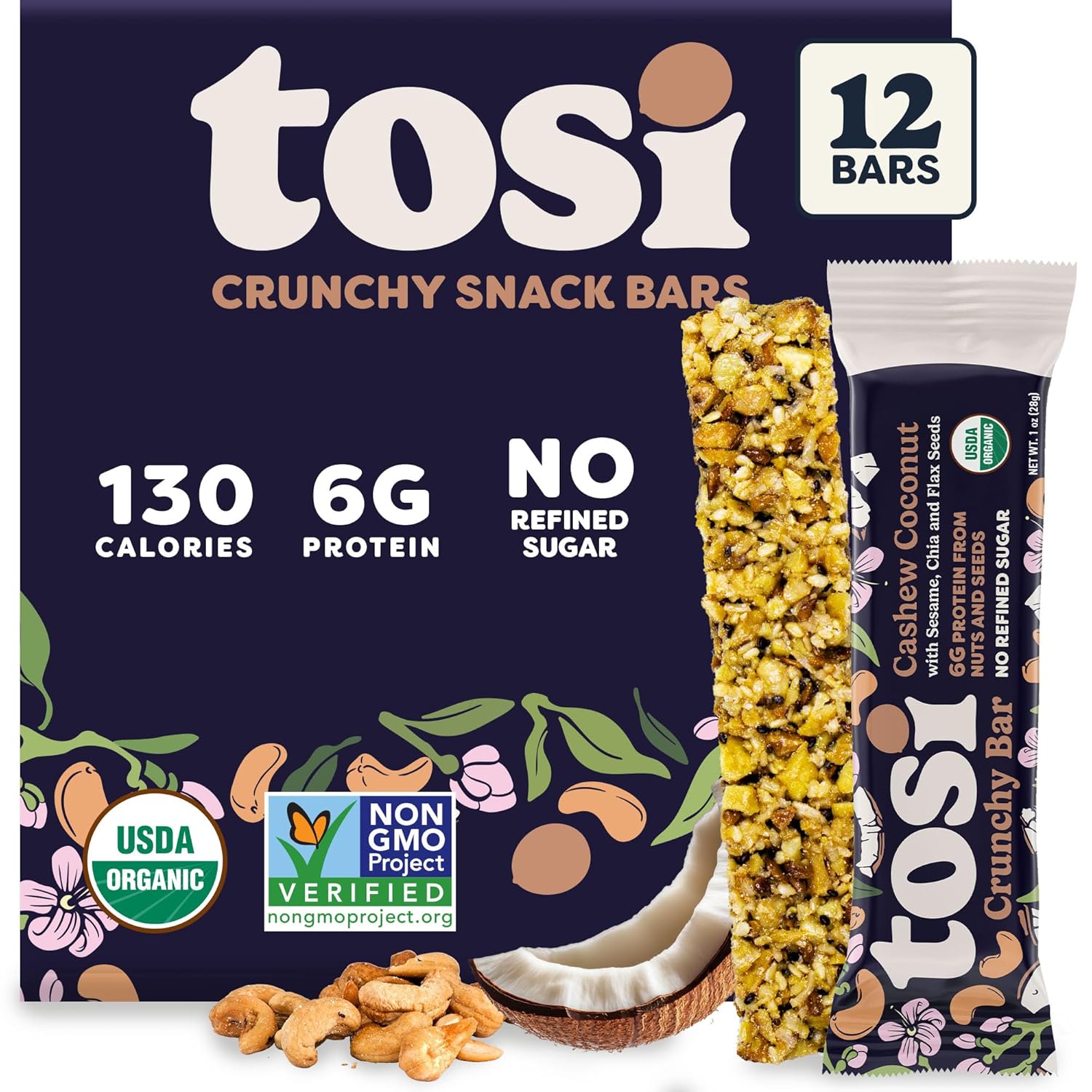 Tosi Cashew Coconut Protein Bars – Crunchy Nut & Seed Vegan Snack Bars, Gluten Free, 6g Plant Based Protein, Organic Flax, Chia, Sesame Seeds, Omega 3s, Low in Sugar, Dairy Free, No Soy – 1 oz 12-Pack Tosi Cashew Coconut Protein Bars – Crunchy Nut & Seed Vegan Snack Bars, Gluten Free, 6g Plant Based Protein, Organic Flax, Chia, Sesame Seeds, Omega 3s, Low in Sugar, Dairy Free, No Soy – 1 oz 12-Pack