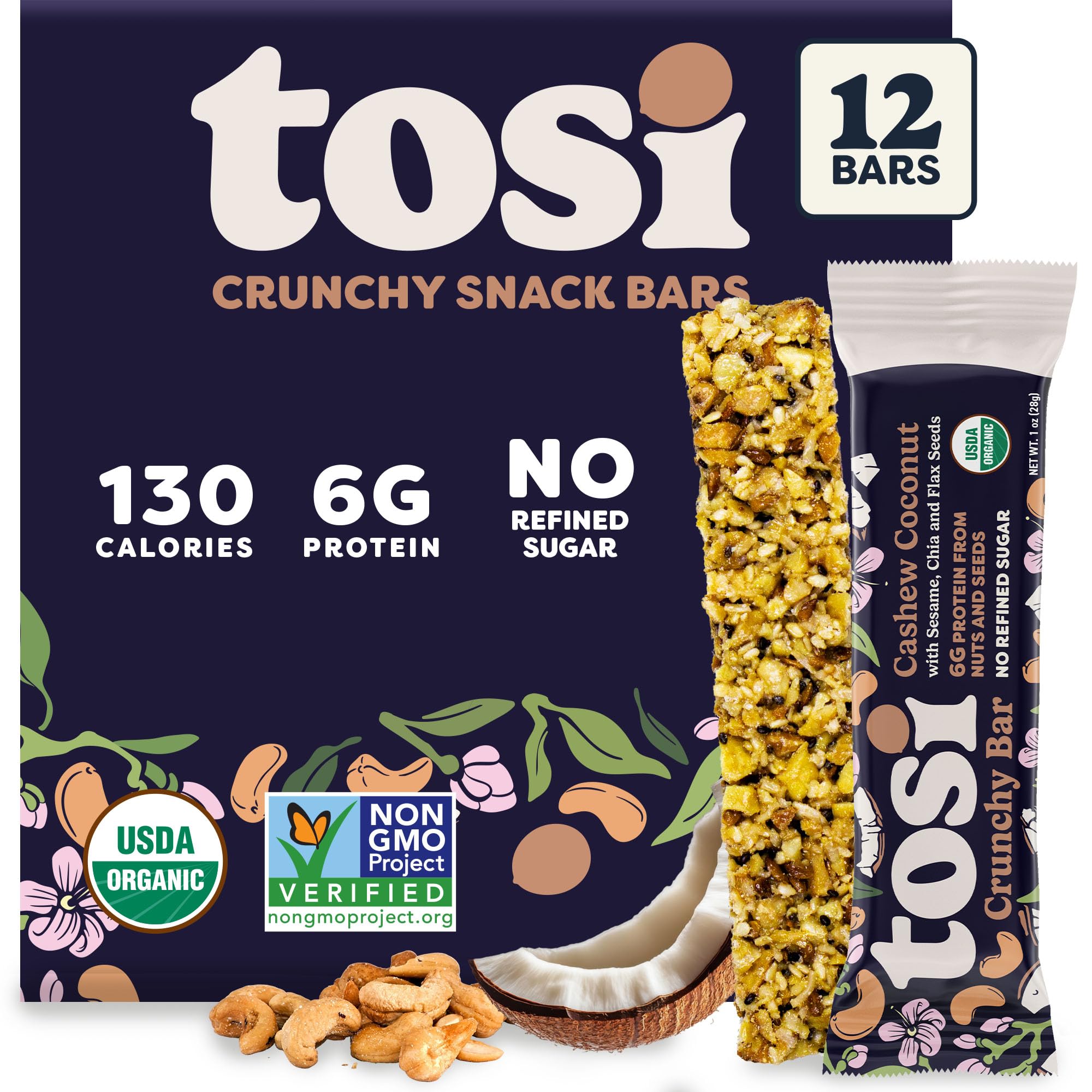 - Tosi Nut Bars, Cashew Coconut, Healthy Snacks for Adults & Kids, Plant Based Crunchy Bars (6G Protein), Organic Keto Snacks, Vegan, Gluten & Soy Free, Low Sugar, Omega 3s, 1oz, 12-Pack