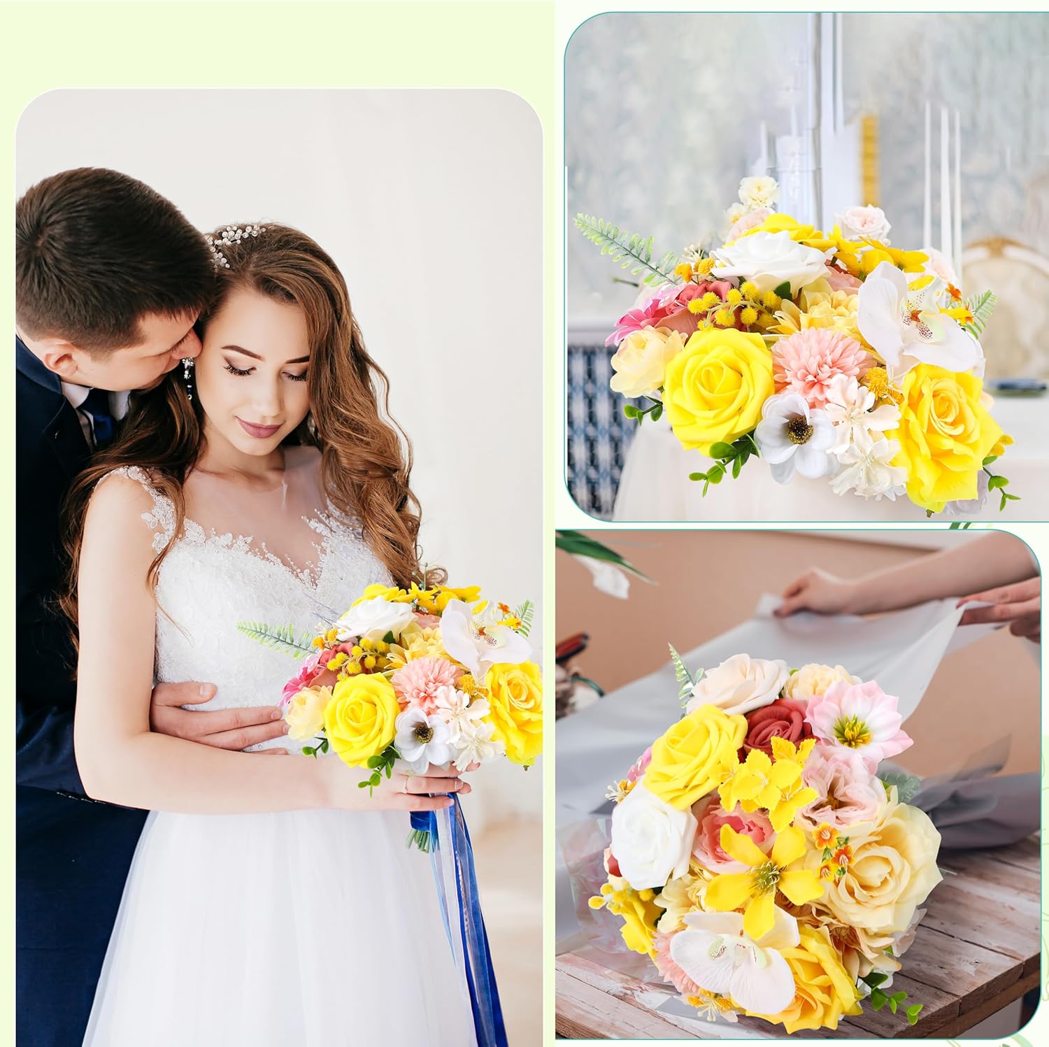 Pink, White, Yellow, Combination Box with Artificial Flowers, Artificial Silk Roses with Stems, Hydrangea Peony Arrangement for Bridal Showers, Boho Style, DIY Wedding Cake, Table Decoration