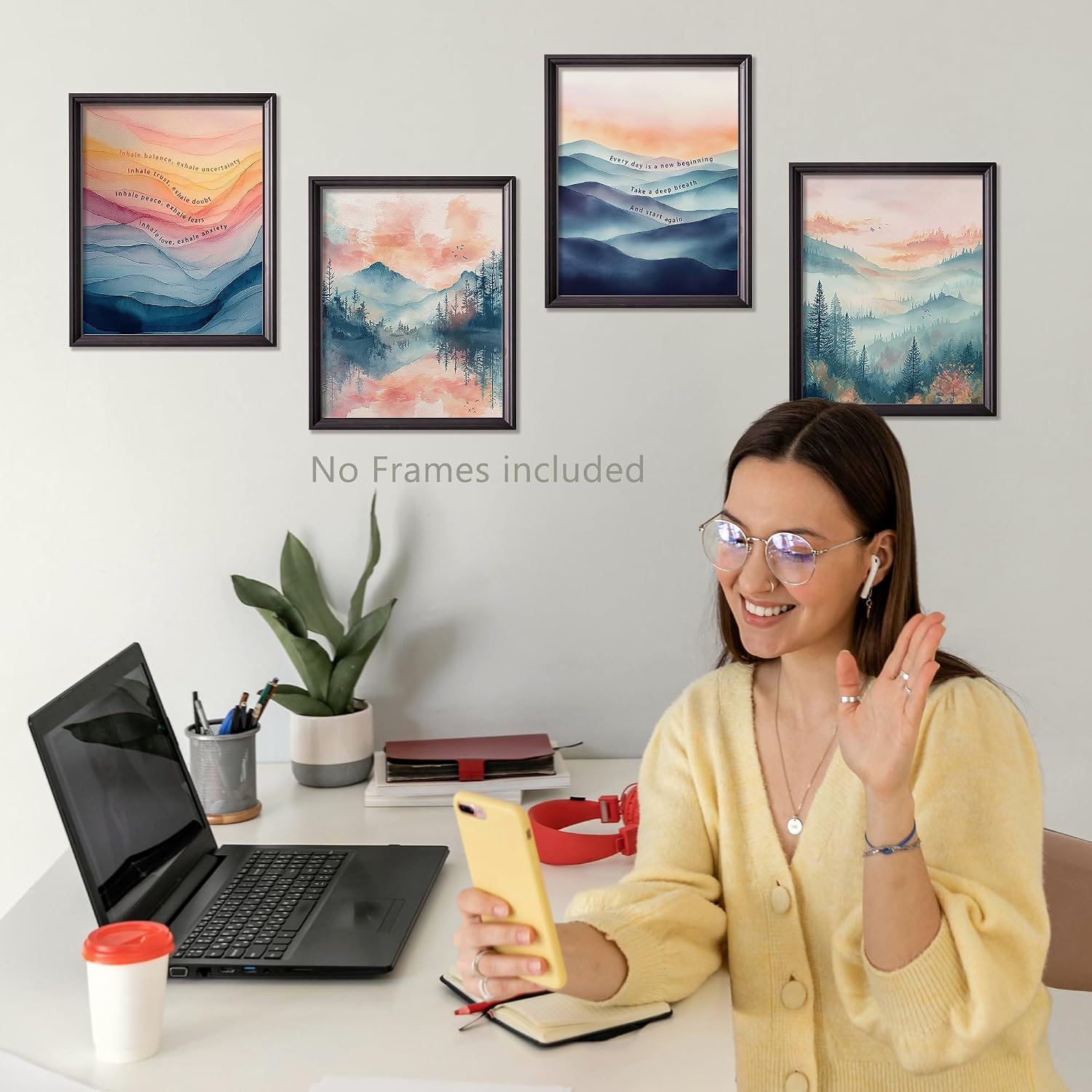 YUISLE Mental Health Office Wall Art Decor, Therapy Office Poster for Counselling Room, Watercolor Inhale Exhale Mental Health Accessories for Calming Corner, 8x10 Inch, 4 PCS(Unframed)