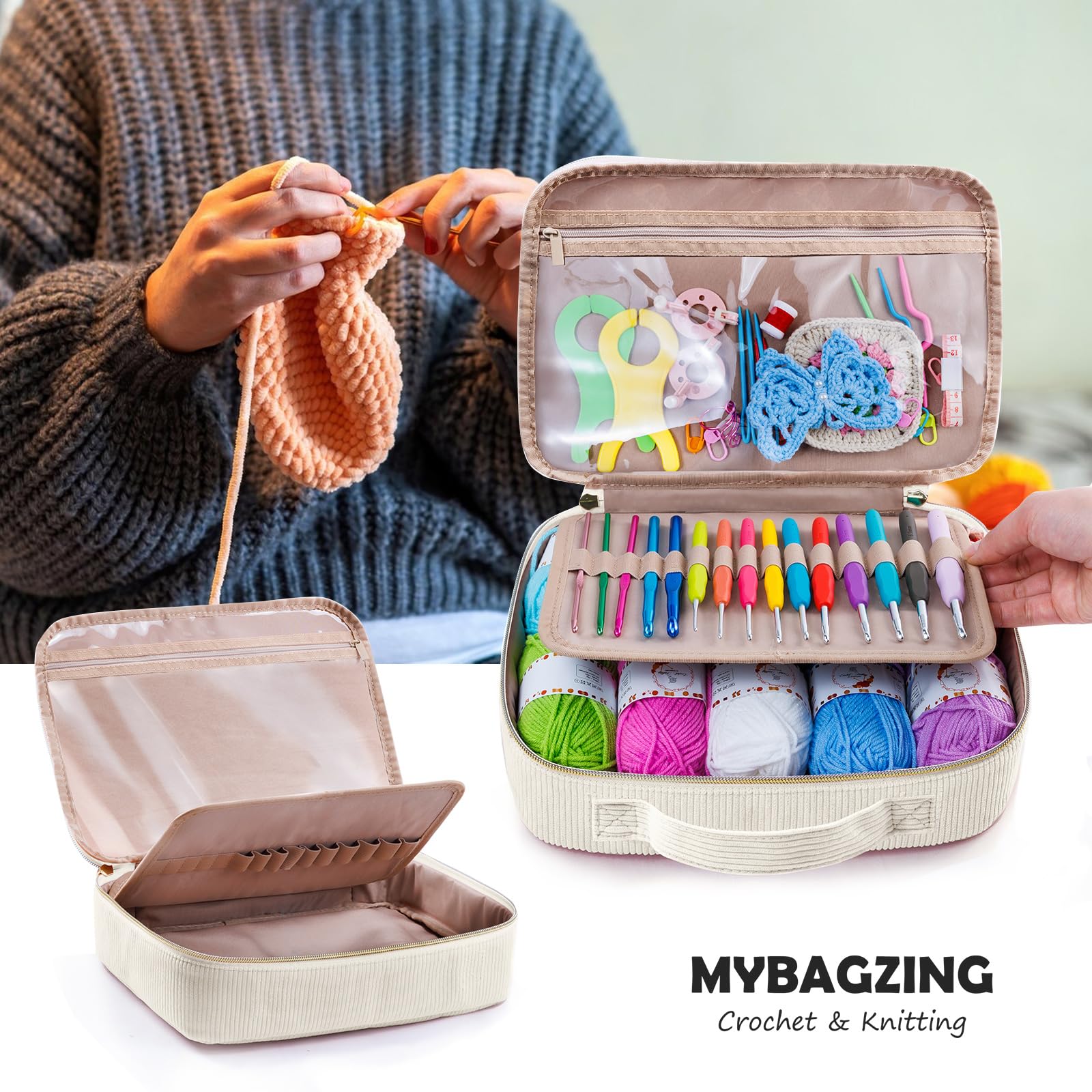 MYBAGZING Kit de ganchillo para principiantes con bolsa de almacenamiento de hilo, 10 ganchos de ganchillo de 2 a 6 mm, 10 madejas de hilo para ganchillo, accesorios de tejer, kit de inicio de