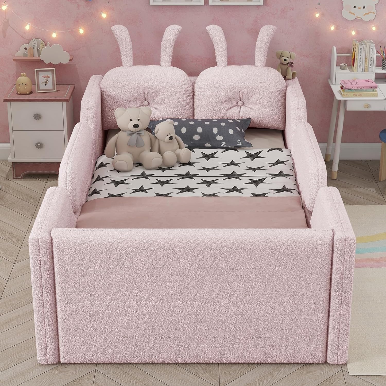 anwickjeff Twin Size Floor Bed for Kids, Upholstered Platform Bed with Removable Safety Rails & Rabbit Cushions, Low Profile Toddler Bed, No Box Spring Needed, Soft Teddy Fabric (Blue)