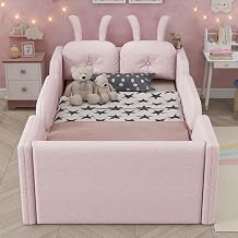 anwickjeff Twin Size Floor Bed for Kids, Upholstered Platform Bed with Removable Safety Rails & Rabbit Cushions, Low Profile Toddler Bed, No Box Spring Needed, Soft Teddy Fabric Pink