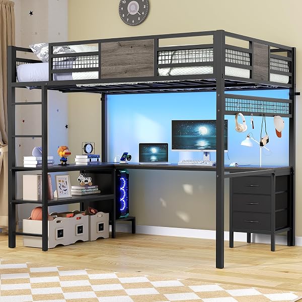 ADORNEVE Loft Bed Twin Size with L-Shaped Desk, LED Lights,Charging Station, Twin Metal Loft Bed Frame with Fabric Drawe
