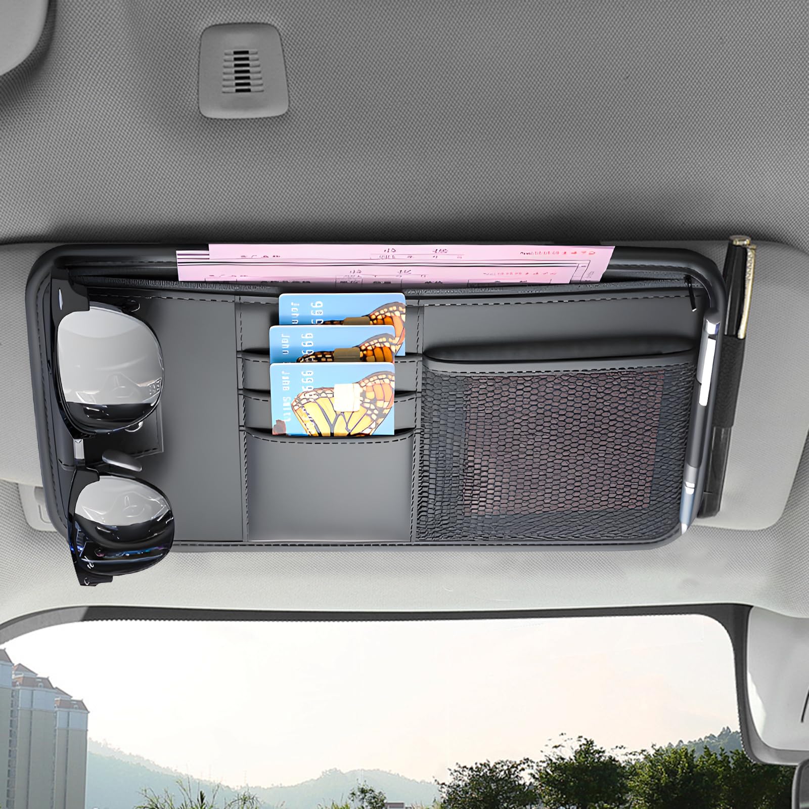 panthra 2 x Auto-Visier-Organizer, Sonnenblenden-Organizer, Sonnenblende, weiche Lederoberfläche, Brillen, Notizkartenhalter, Auto-Aufbewahrungstasche, geeignet für die meisten Fahrzeuge, SUVs und