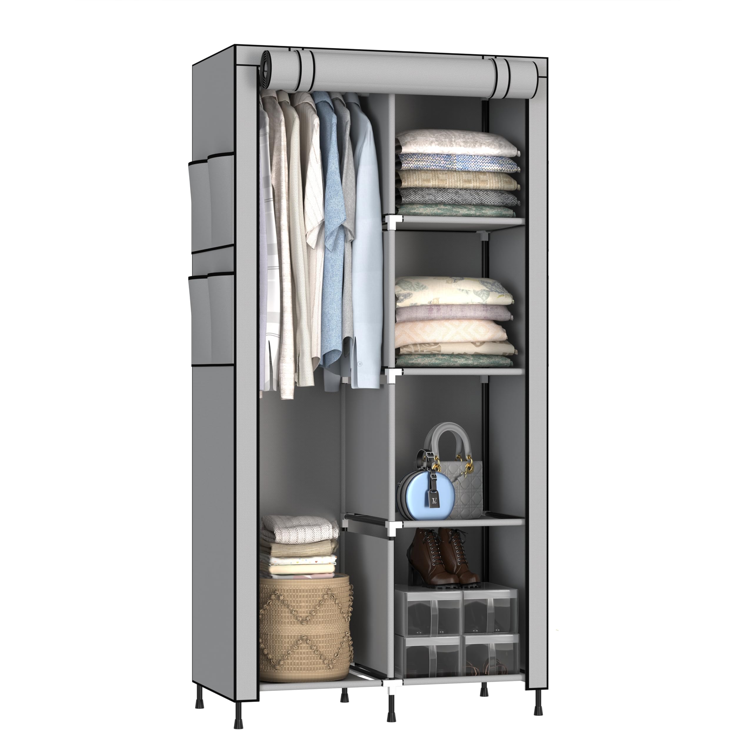 MY ARMOR 2-Door Foldable Wardrobe for Clothes, Multipurpose Cupboard for Storage, Collapsible Wardrobe Organizer for Clothes, Grey (ABS Plastic,Fabric Cabinet Rack) - 5 Shelfes Design-image-47