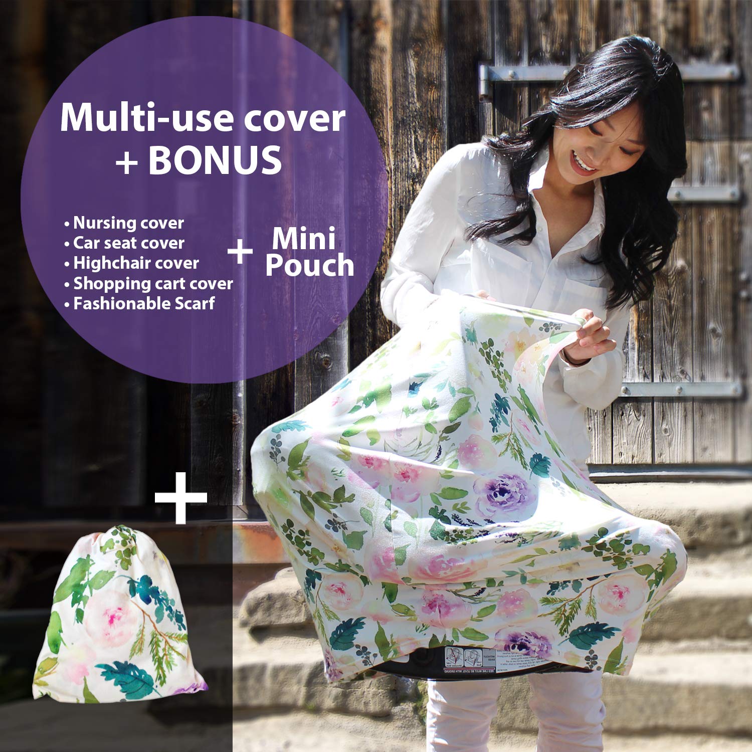 Pobi Baby Premium Multi-Use Cover - Nursing, Car Seat, Shopping Cart, High Chair, and Breastfeeding Cover - Ultra-Soft, Stretchy, and Versatile Floral Scarf for Mom and Baby (Allure)