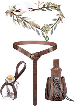 MOSTORY Medieval Renaissance Accessory Set - 4 Pcs Fairy Renaissance Belt Pouch Cork Potion Bottle Elf Crown for Viking Cosplay Mardi Gras Carnival Photo Shoot Brown