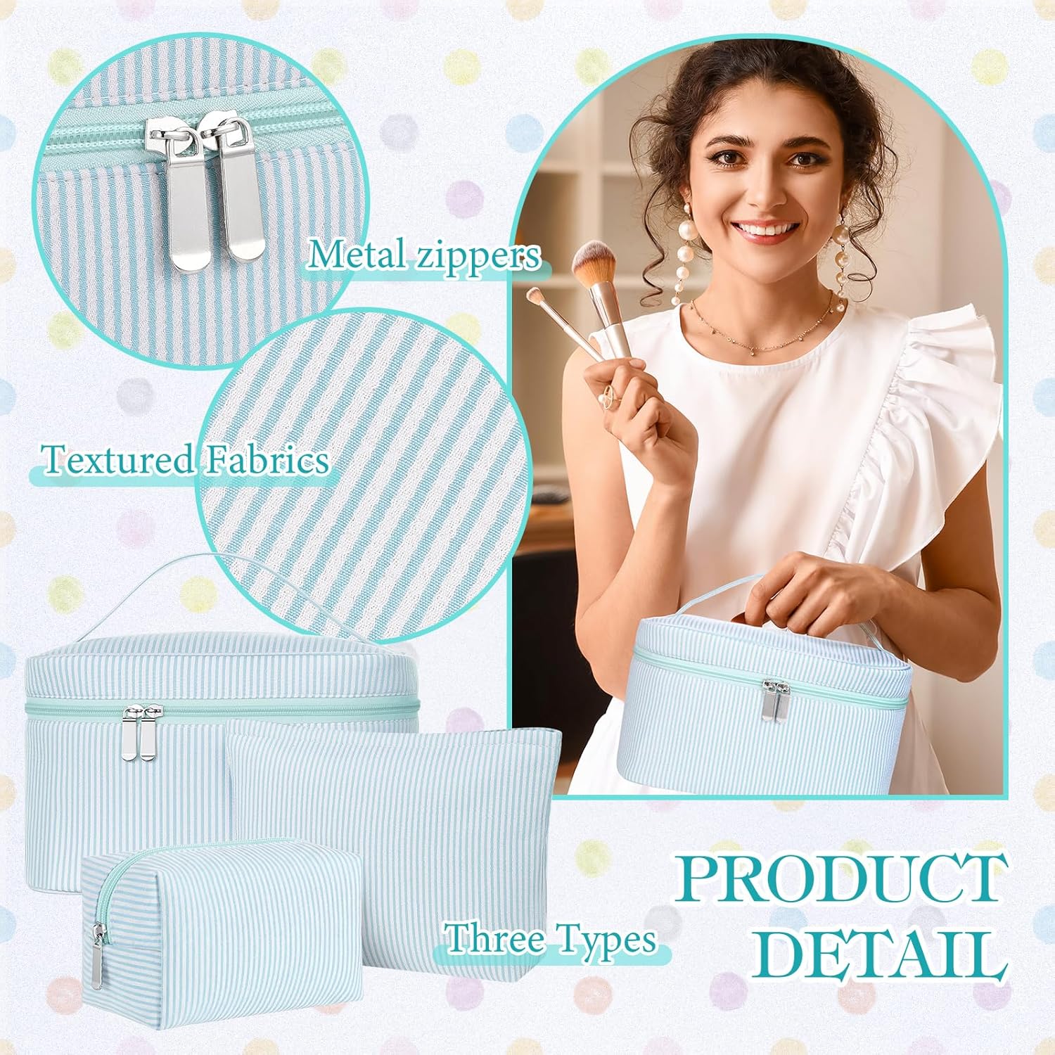 Huhumy 3 Pieces Makeup Bag Set for Women Cute Seersucker Cosmetic Pouch Travel Toiletry Bag Preppy Small Makeup Purse Pouch Aesthetic Skincare Brushes Storage Organizer for Women(Light Blue)