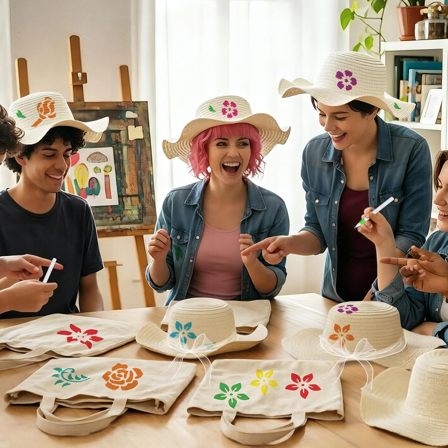 Cinrobiye 12 Set Straw Hat and Canvas Tote Decorating Kit, Summer Tea Party DIY Craft Set with Floral Templates for Beach Picnic, Bridal Shower, Vacation and Group Activities