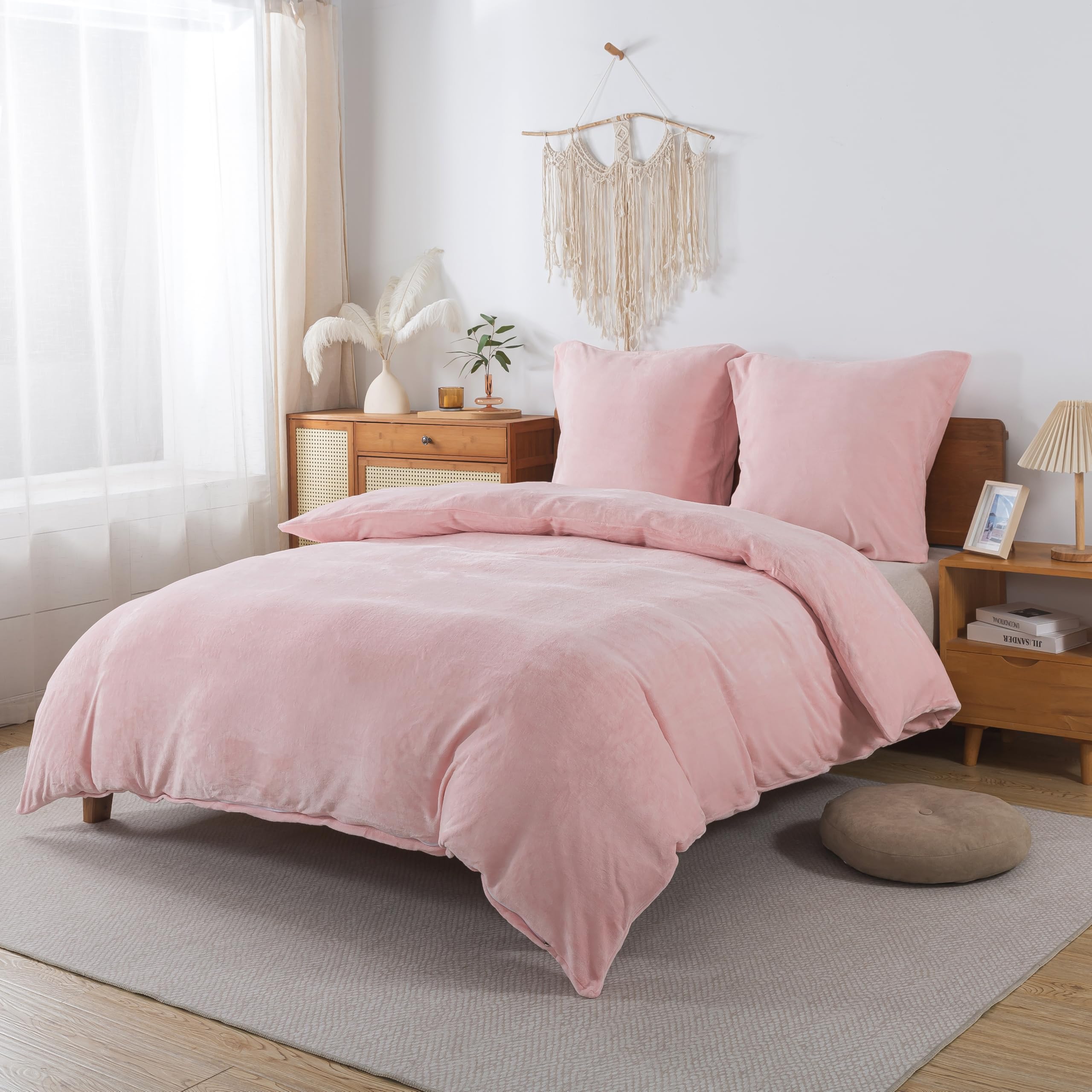 Juego de ropa de cama esponjosa de 200 x 200 cm, color rosa – Edredón de otoño invierno con 2 fundas de almohada de 80 x 80 cm, juego de ropa de cama de castor cálido, suave y acogedor