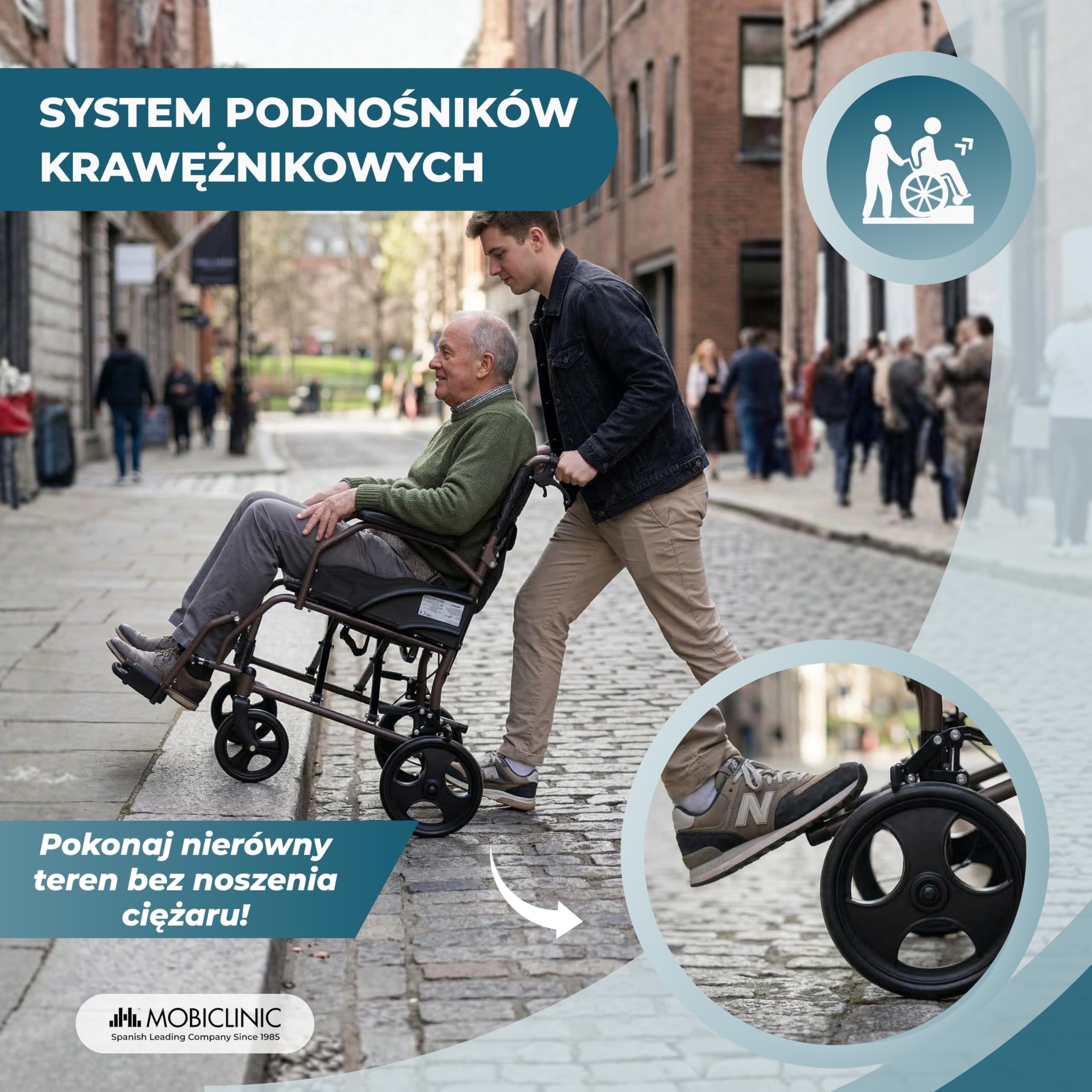 Mobiclinic®, Składany Wózek Inwalidzki, z Oparciem i Podnóżkiem, Podwójny System Hamulcowy, Wyściełane Podłokietniki, Stalowy, Lekki i Kompaktowy, Kefren