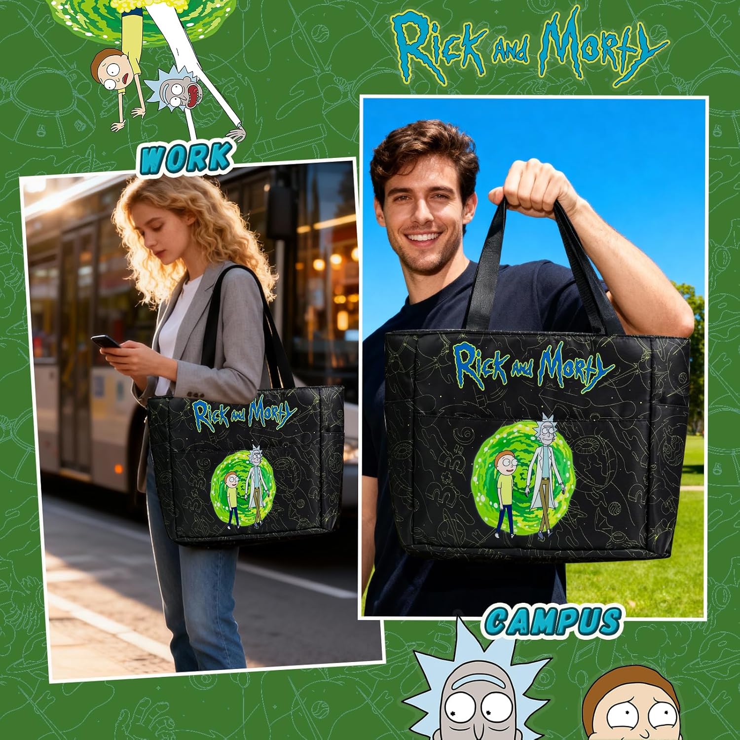 OtRainbow Rick and Morty Tote Bag for Women&Men,Multi-purpose Travel Tote with Front Pockets,Perfect for School,Work, Travel