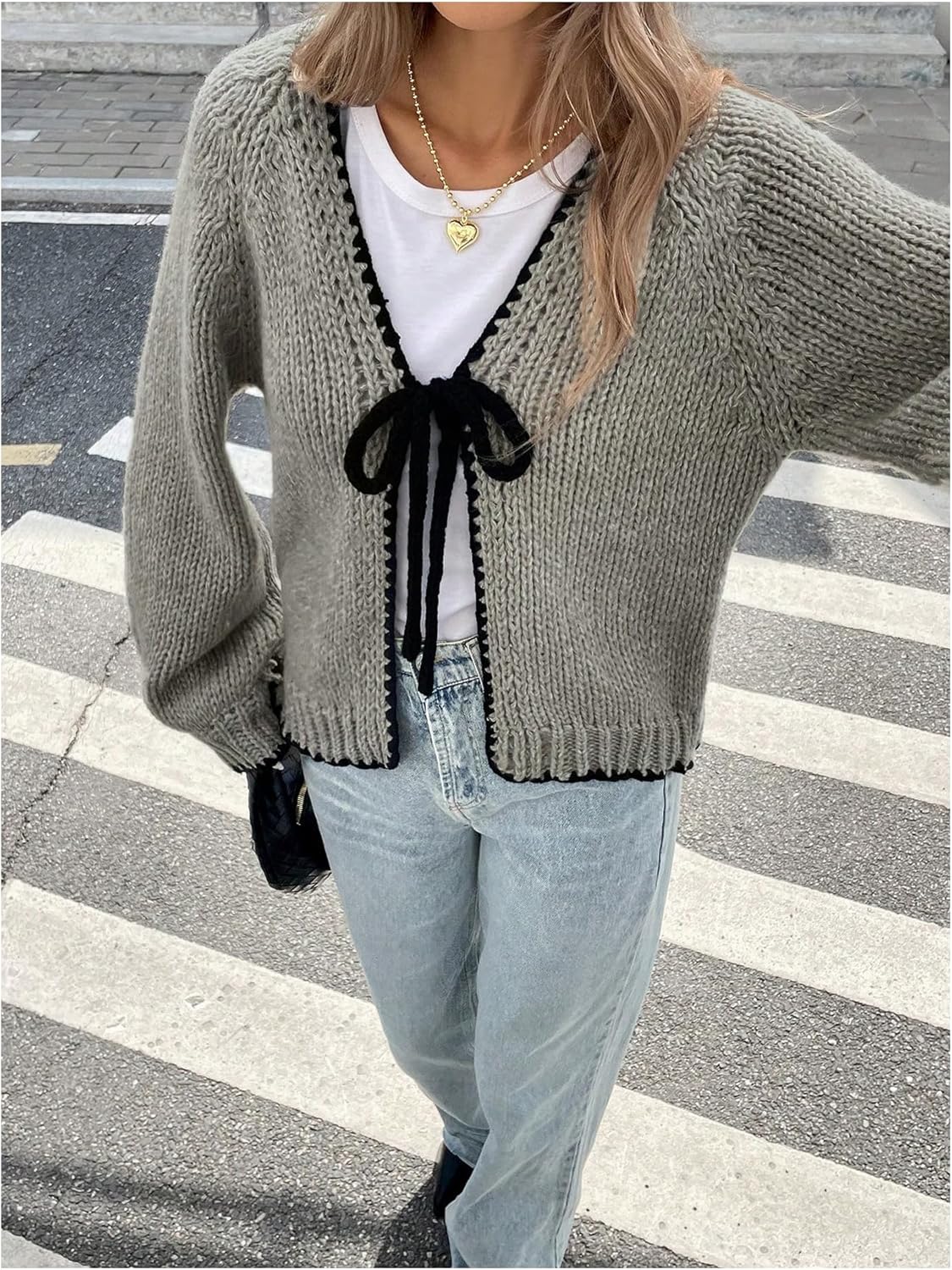 GORGLITTER Women's Tie Front Cardigan Sweater Cute Bow Cozy Fall Fashion 2025 Trendy Long Sleeve Knit Cropped Sweater - Image 4