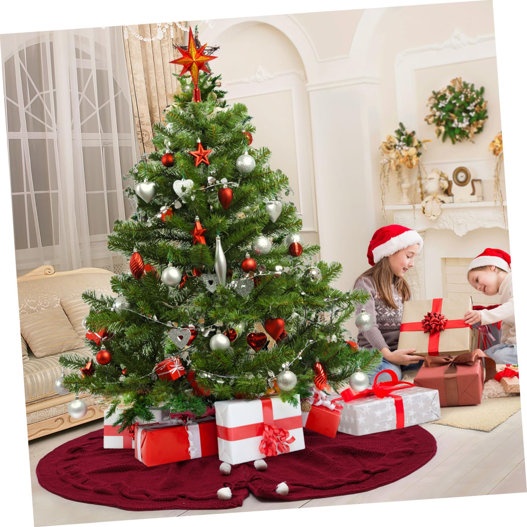 1pezzi Gonna Per Albero Di Natale in Non Imita Lana Lavorata Grembiule Decorativo Rosso Vinaccia Per Casa Negozi e Festività Natalizie