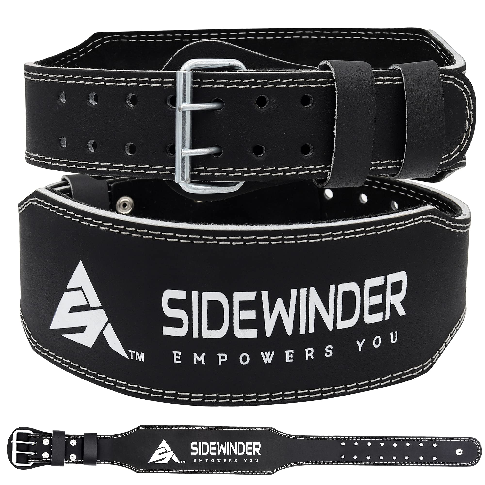 SideWinder Weight Lifting Belt Gym Fitness, Cowhide Leather, 4” Padded Lumbar Back Support, 7 Adjustable Holes, Powerlifting Bodybuilding Deadlifts Squats Exercise Workout, Strength Training Equipment