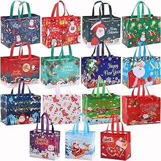 Uoxmiy 15PCS Large Christmas Tote Bags with Handle 2 Size With Handles Gift Bags Reusable Shopping Bags Reusable Multipack