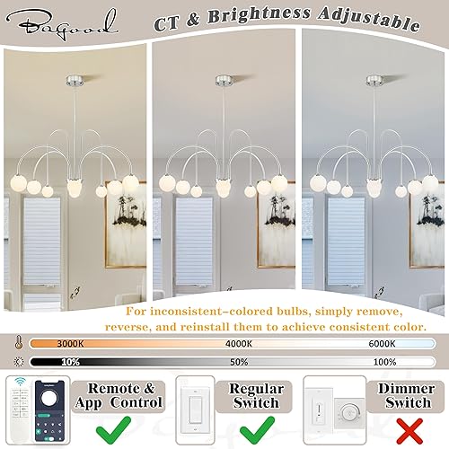 Miniatura 5 de Candelabro Sputnik de níquel con 8 luces colgantes de globo de 38.5 pulgadas, lámpara Sputnik moderna con pantalla de globo de vidrio de leche,