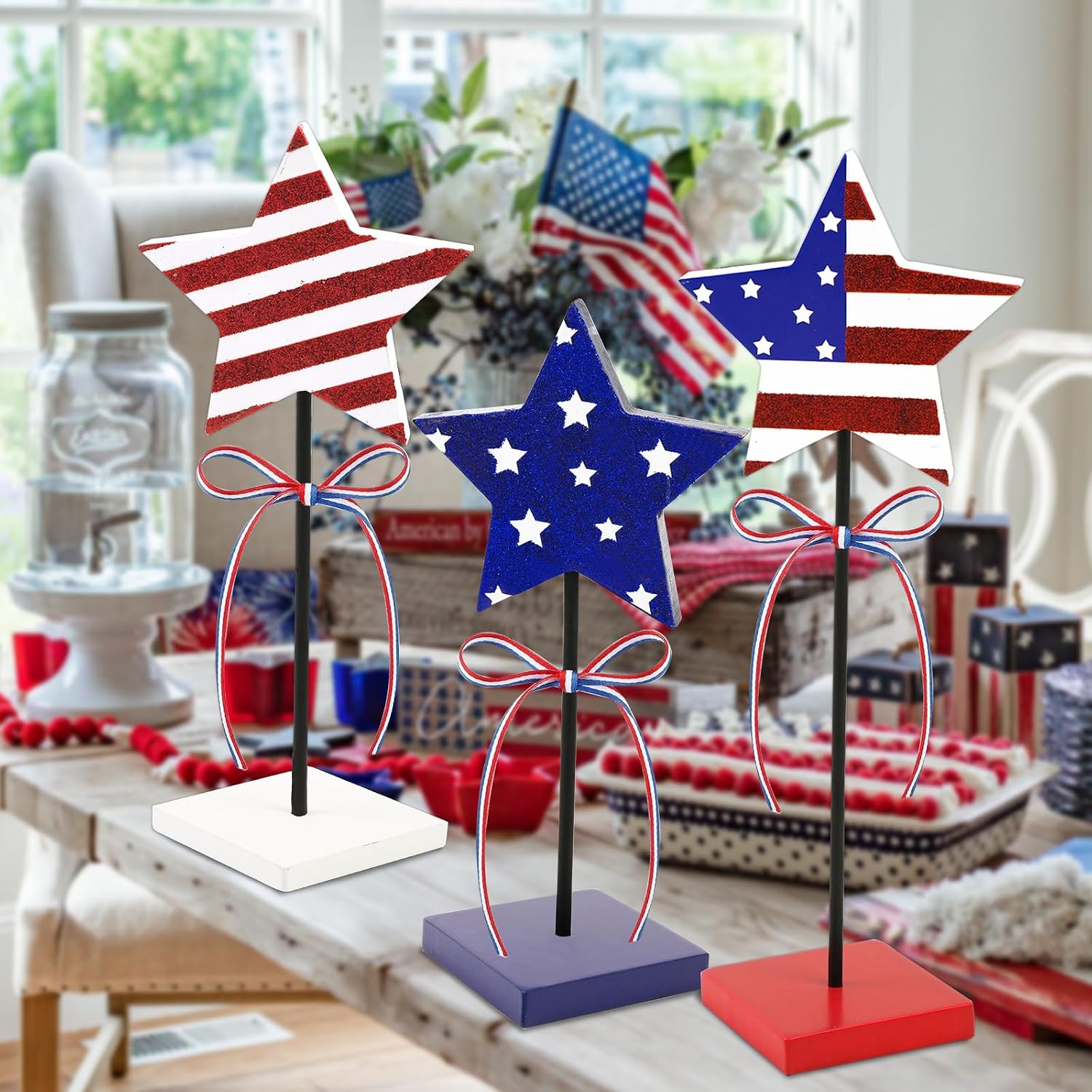 4th of July Tiered Tray Decor Wooden Star Set, 3Pcs Memorial Day Stars Table Shiny Decorations Patriotic Red White Blue Tabletop Home Decor for 250th Memorial Independence Veterans Labor Day