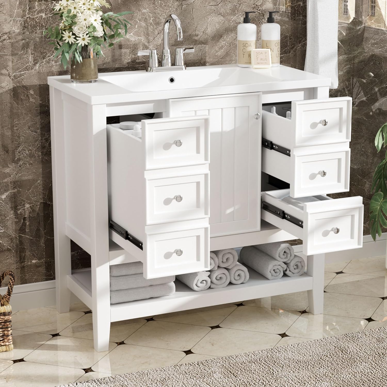 36" Vanity Bathroom Cabinet with Sink Top, Three Multi-Functional Drawers, Open Storage Space, Adjustable Shelf, White