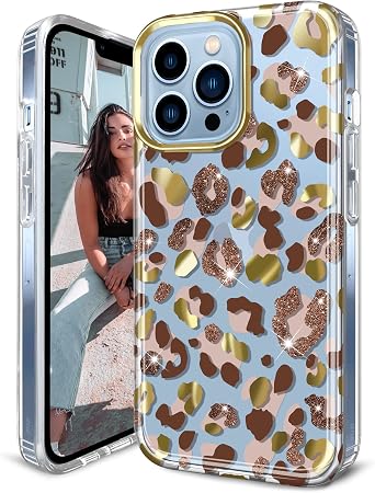 Clear Case Compatible with iPhone 13 Pro Brown Glitter Gold Plating Design Protective Shockproof Slim Thin TPU Bumper Durable PC Back Cover Phone Case 6.1" Leopard Brown