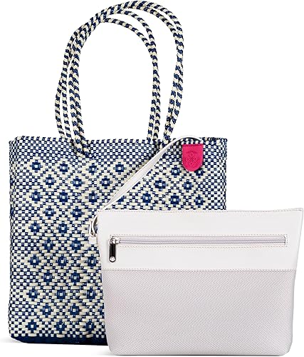 Miniatura 2 de Mixte Bolso tote tejido, bolso de playa beige y azul marino, bolso de plástico reciclado ecológico, resistente al agua, hecho a mano por artesanos