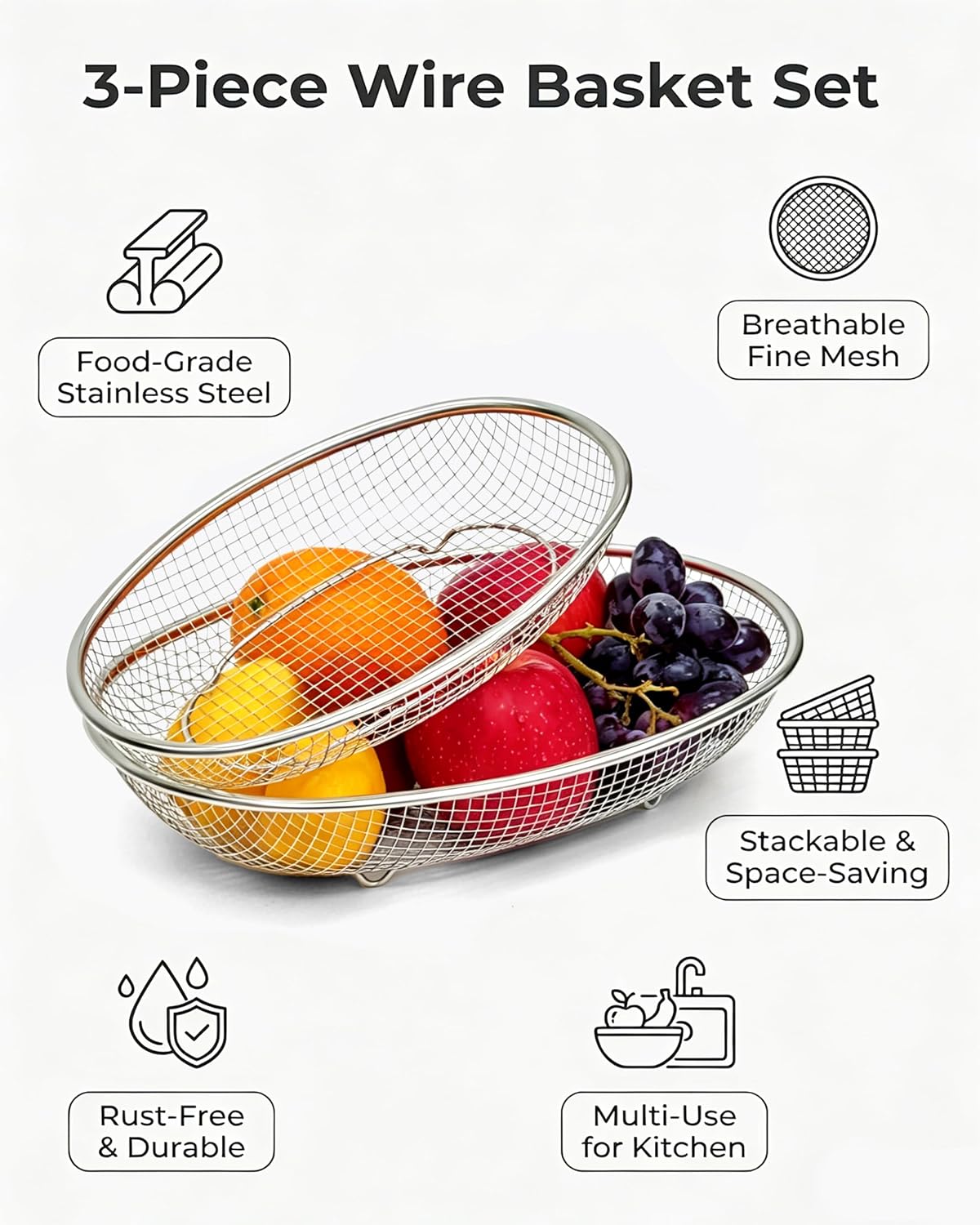 3-Piece Fruit Bowl,Stainless Steel Wire Mesh Fruit Basket Set for Kitchen Counter, Large & Small Metal Bread Baskets for Key Vegetable, Snack & Produce Storage, Stackable Countertop Organizer