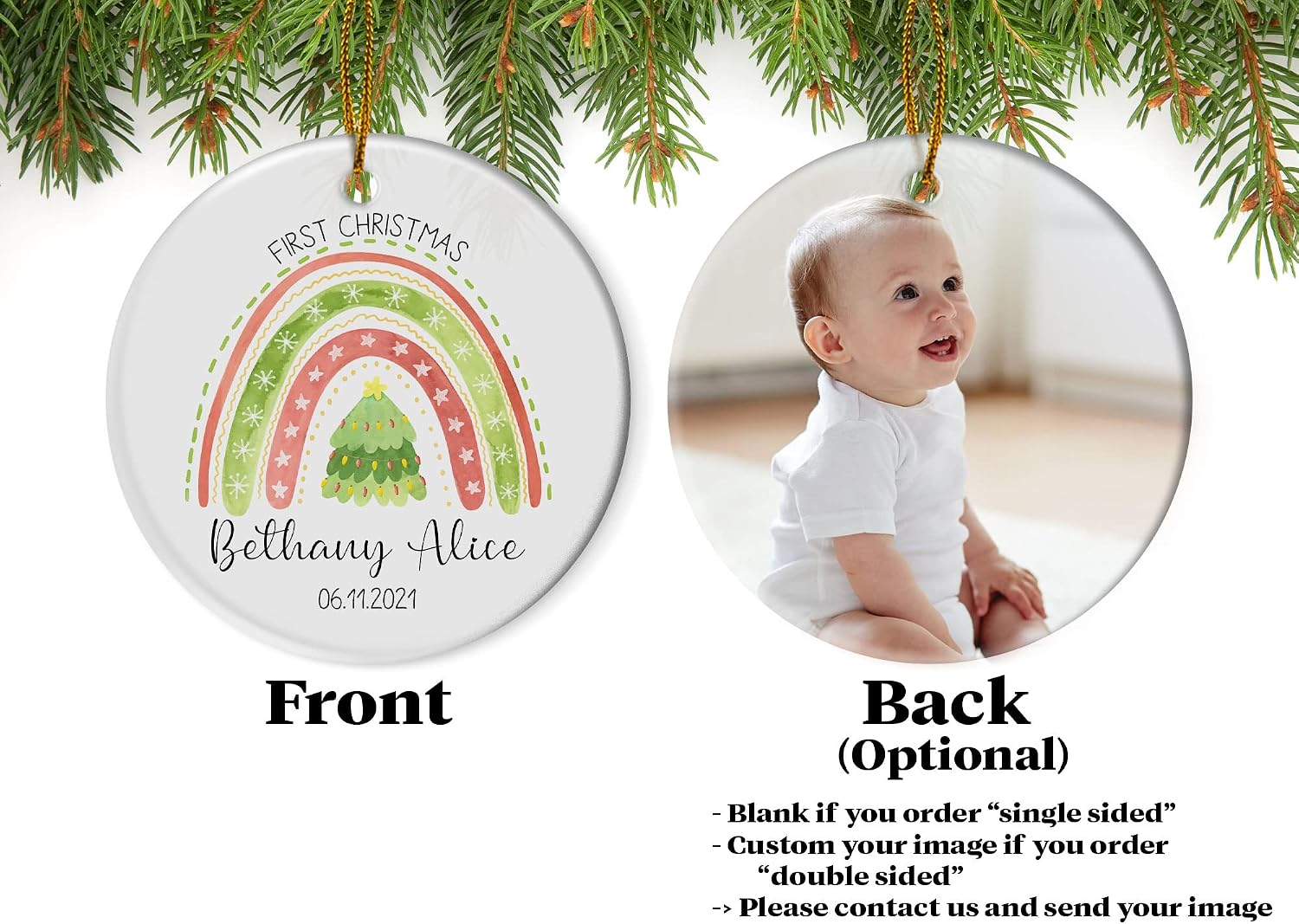 Personalized Baby's First Christmas 2022 Ornament, Christmas Decorations, Rainbow Decor Custom Photo Ornament, Customized Name, Keepsake for NewBorn Baby, Custom Baby Name, Xmas Tree Ornaments Hanging