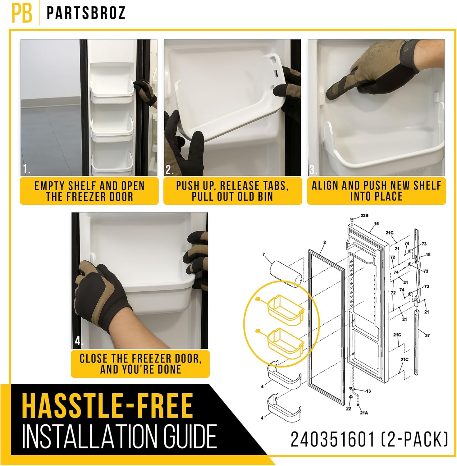 PartsBroz 240351601 Freezer Door Shelf Bin (2-Pack) for Frigidaire FFFSS2615TS5 FFSS2615TS0 LFSS2612TF0 LFSS2612TF4 LFSS2612TE0 FGHS2631PF4A FFSS2615TS2 LFSS2612TE4 LFSS2612TF2 FFSS2625TS0 FFSS2615TP2