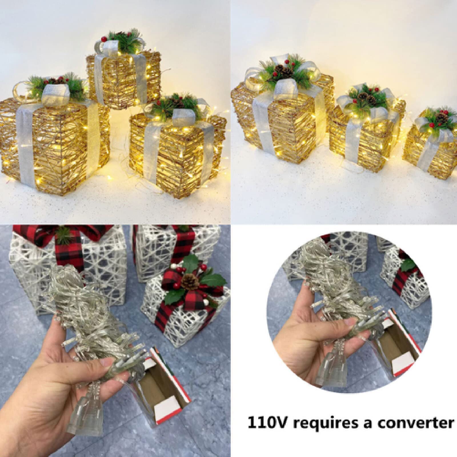 Cajas de regalo para Navidad, Juego de 3 cajas iluminadas con lazos, arte del hierro LED, decoración iluminada de ratán, cajas iluminadas for regalos al aire libre for decoraciones navideñas en el hog
