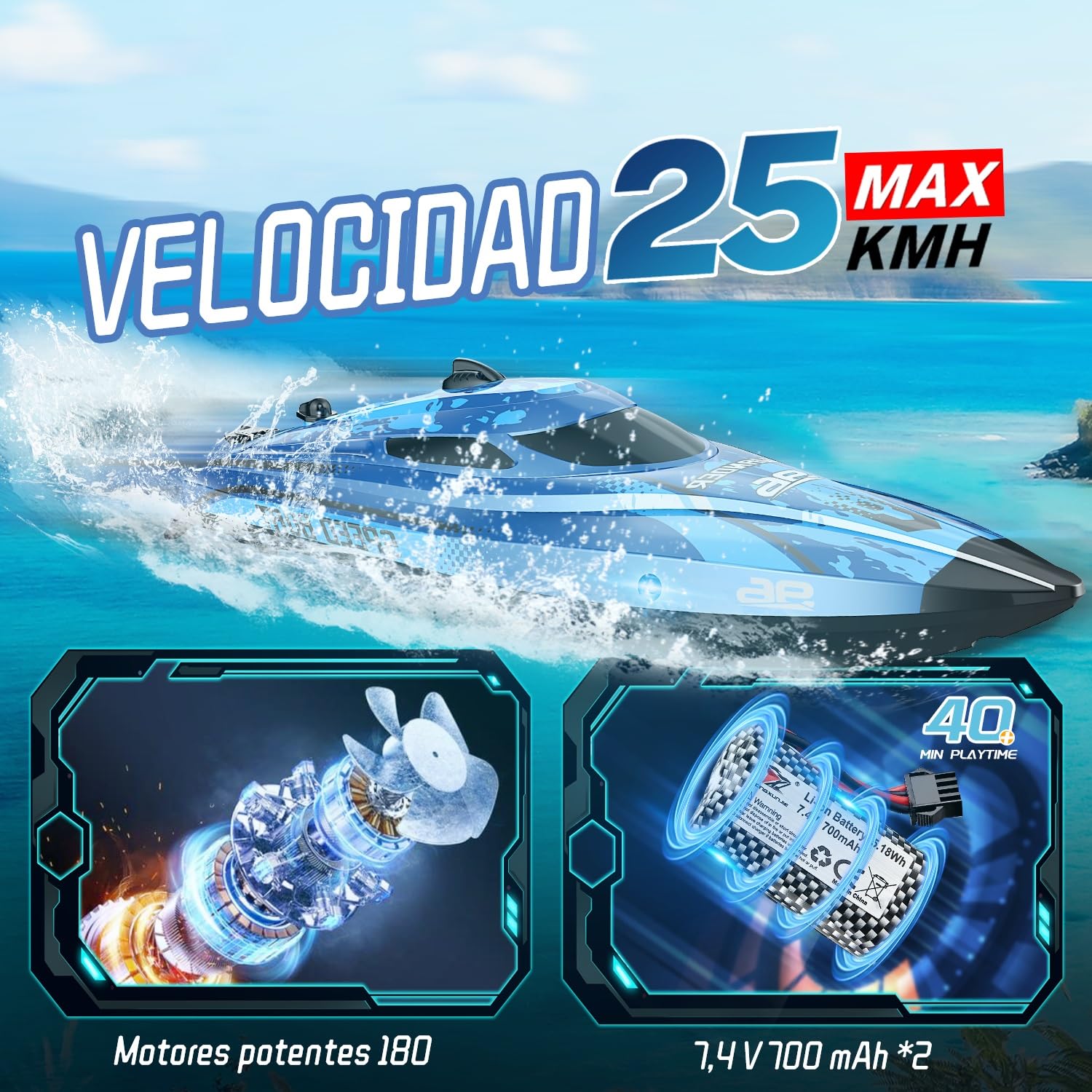 Barco teledirigido con luz LED, 25 km/h, barco teledirigido para niños | Lancha rápida de 2,4 GHz con 2 pilas para 40 minutos de tiempo de reproducción, regalo para niños a partir de 6 8 años (azul)