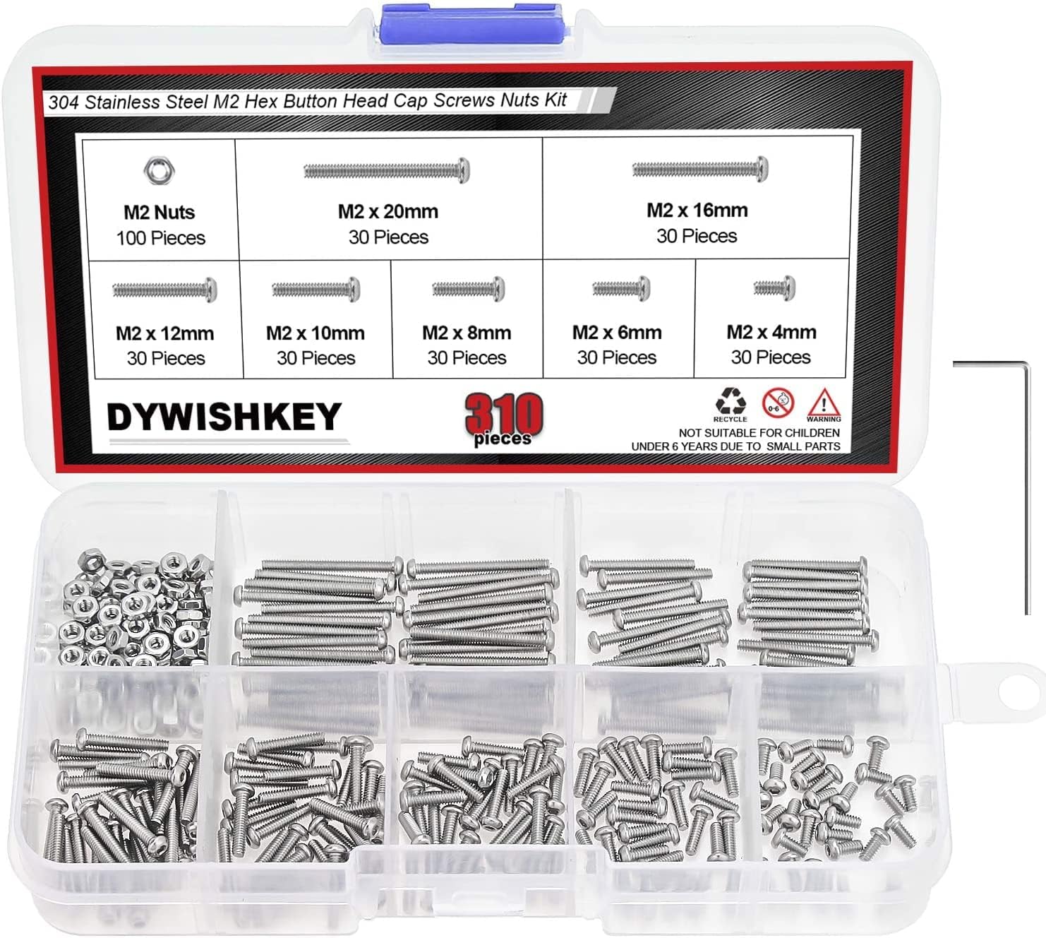 DYWISHKEY 310 Pieces M2 x 4mm/6mm/8mm/10mm/12mm/16mm/20mm, Stainless Steel 304 Hex Button Head Cap Bolts Screws Nuts Kit with Hex Wrench